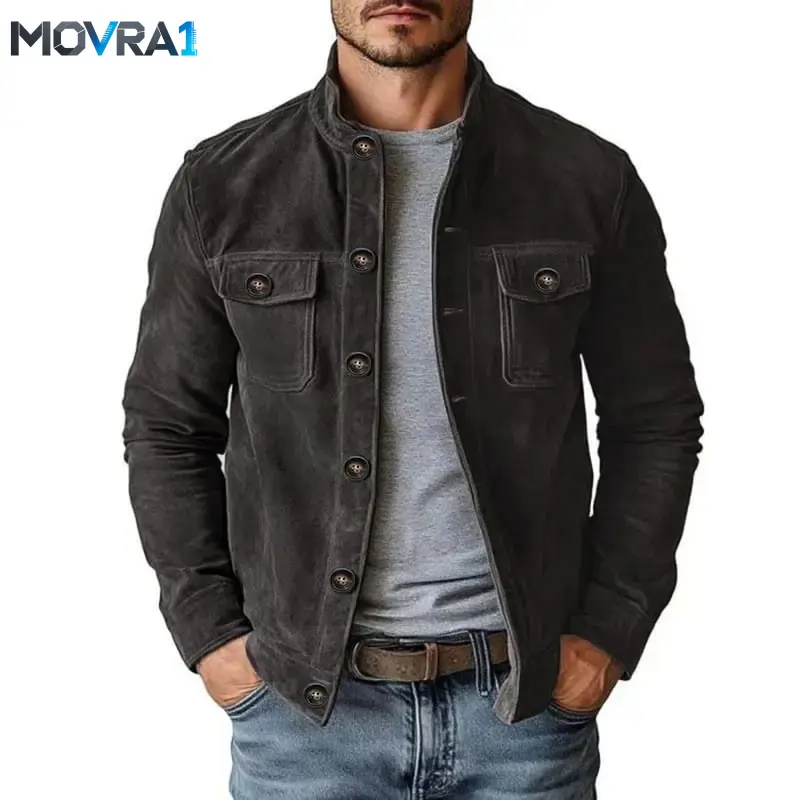 MOVRA1 Men's Vintage Faux Suede Stand Collar Jacket, Casual Button Down Long Sleeve Trucker Coat with Chest Pockets, Retro Western Utility Outerwear Fall Winter Daily Wear
