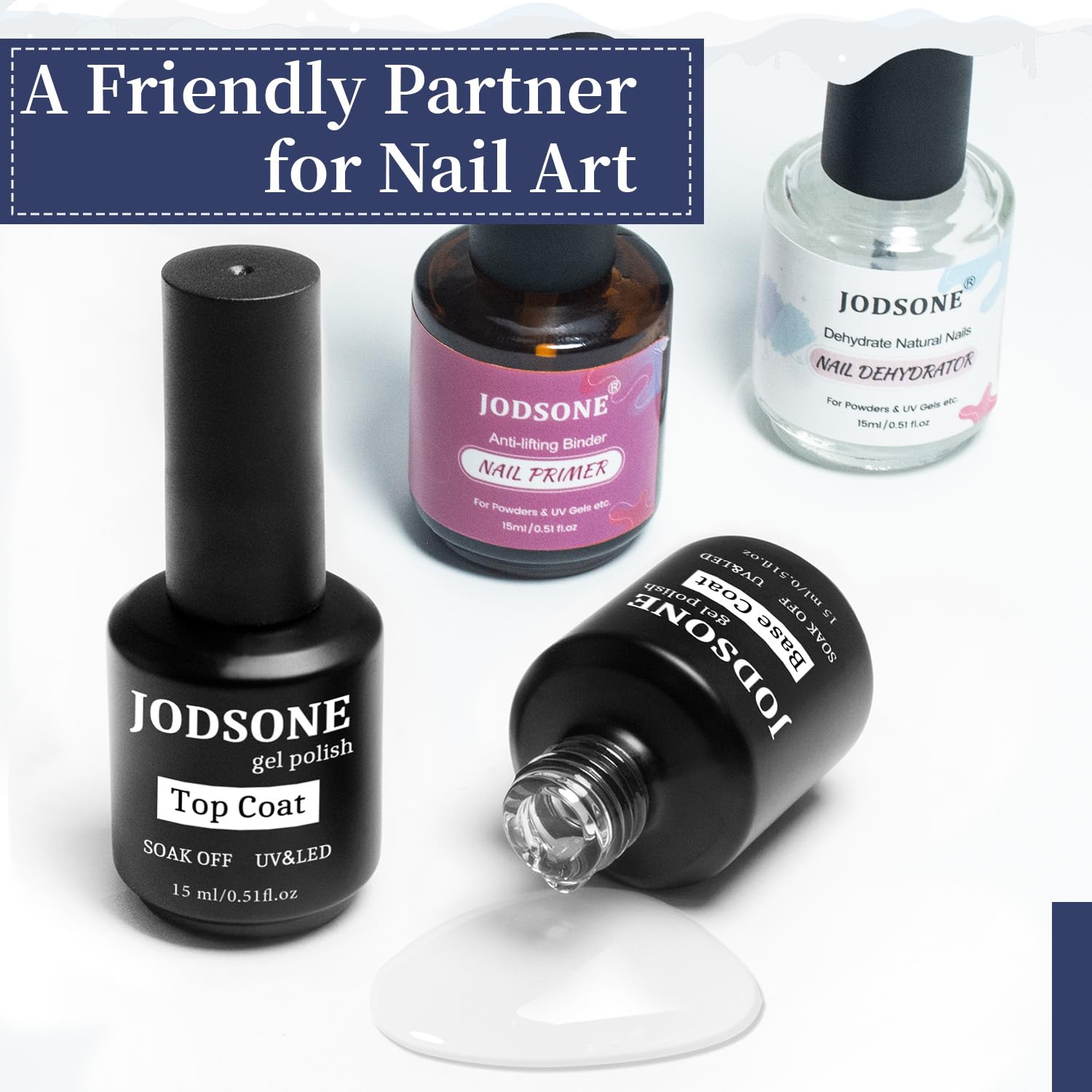 JODSONE New Upgrade  Bottles of 15ml  Base Top Coat Long Lasting and Easy to Apply Large Bottle, combination for uv light cure nail polish.