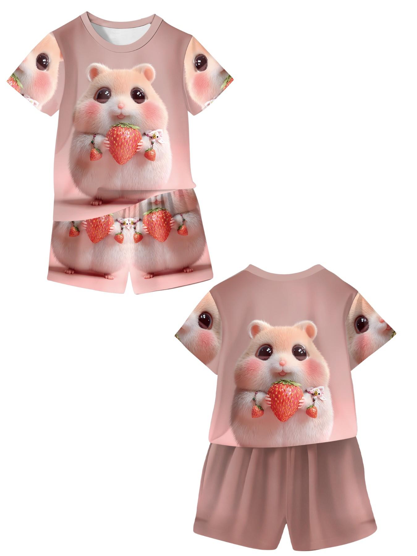 Strawberry Cute Mouse Sweet Fun Girls' Baby Set with Digital Printing, 100% Polyester Baby Short Sleeve Set, Adorable Casual Clothing for Baby Girls, T-Shirt Suitable for Daily and Outdoor Sports, Perfect Gift for Infants