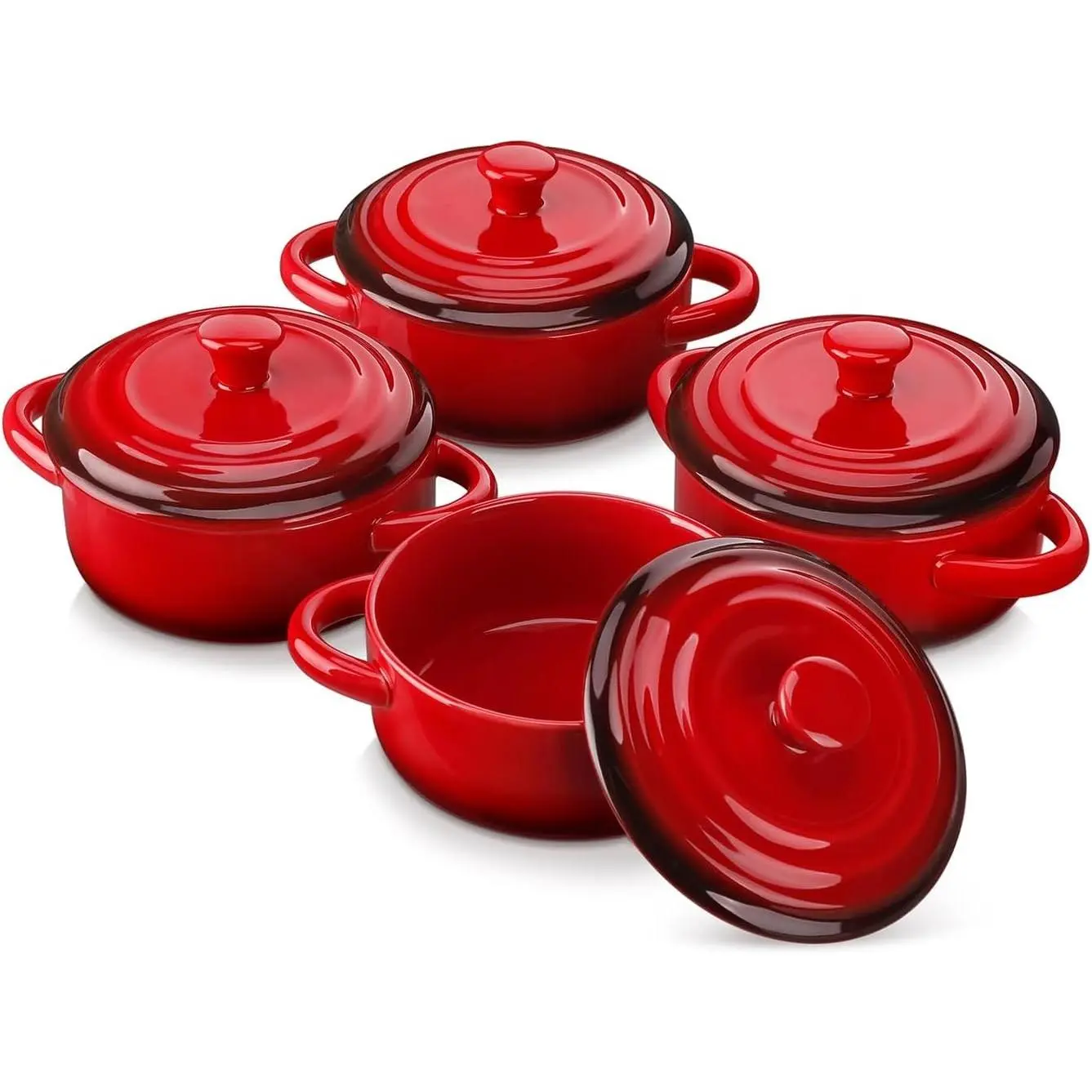 12 OZ Mini Cocotte Set with Lids, Small Casserole Dishes with Handles, Individual Baking Ramekins for Soup, Oven Microwave & Dishwasher Safe, Set of 4, RedGift