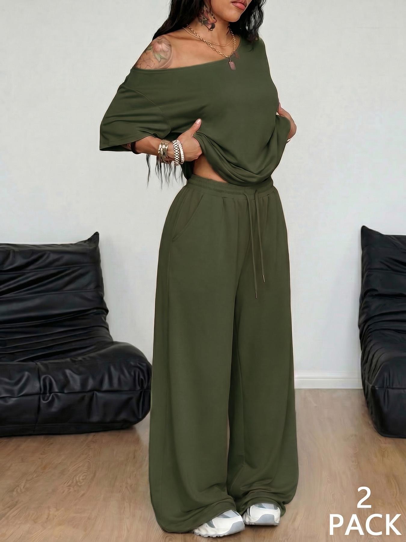 2 Pcs/Set Women's Minimalist Basic Daily Wear, Going Out, Sport Comfortable Off Shoulder T-Shirt and Wide Leg Pants Two Pieces Outfits, Womenswear 2 Pcs/Set Women's Minimalist Basic Daily Wear, Going Out, Sport Comfortable Off Shoulder T-Shirt and Wide Leg Pants Two Pieces Outfits, Womenswear