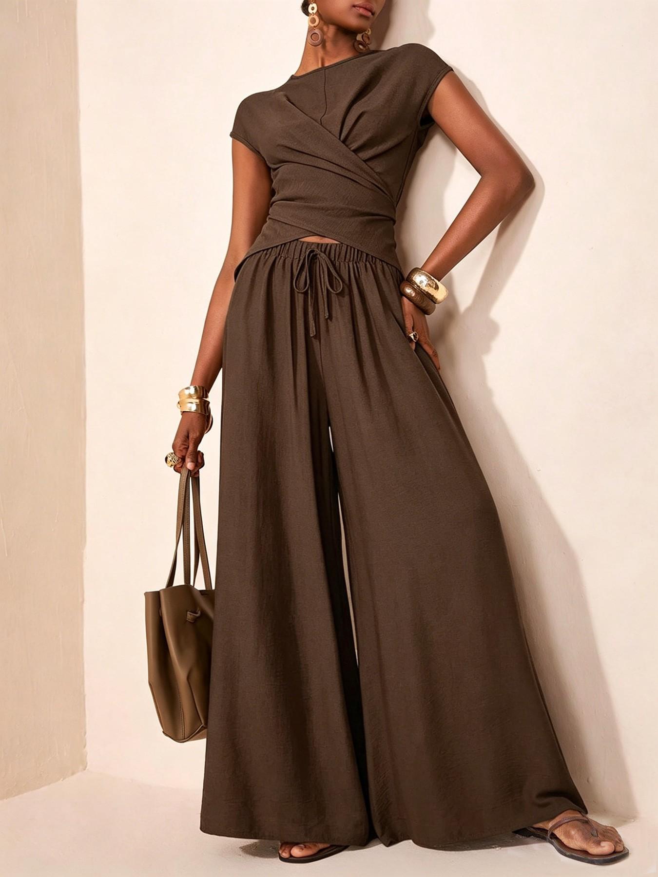 Women's Two-Piece Set, Cross-Tie Short Sleeve Top & High Waist Wide-Leg Pants, Casual Soft Matching Outfit