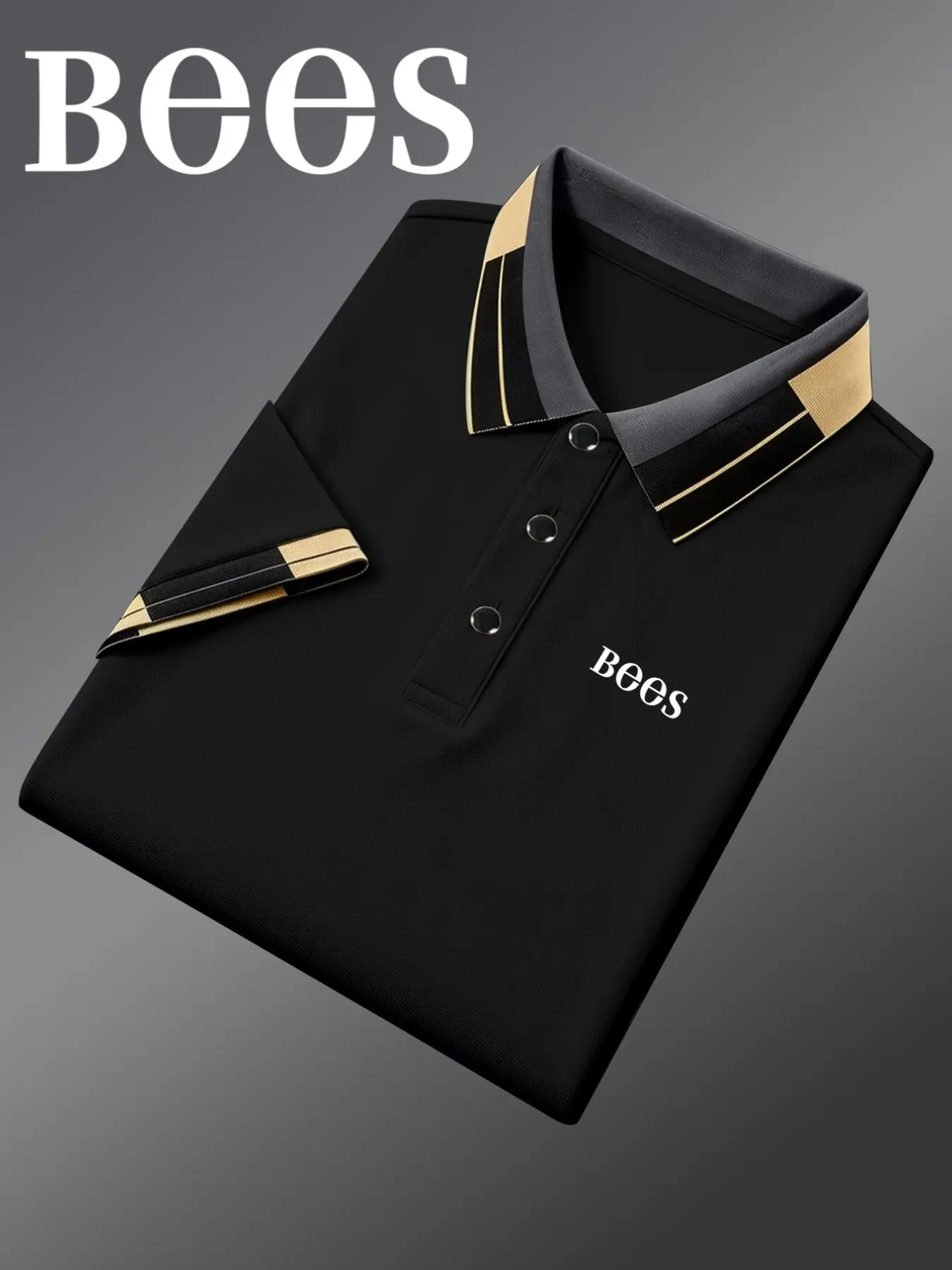 Hh3941 Men's Breathable Casual Polo Shirt, Fashion Bees Logo Print, Comfortable Fitted H-Type Design, Plain Pattern Unlined Top