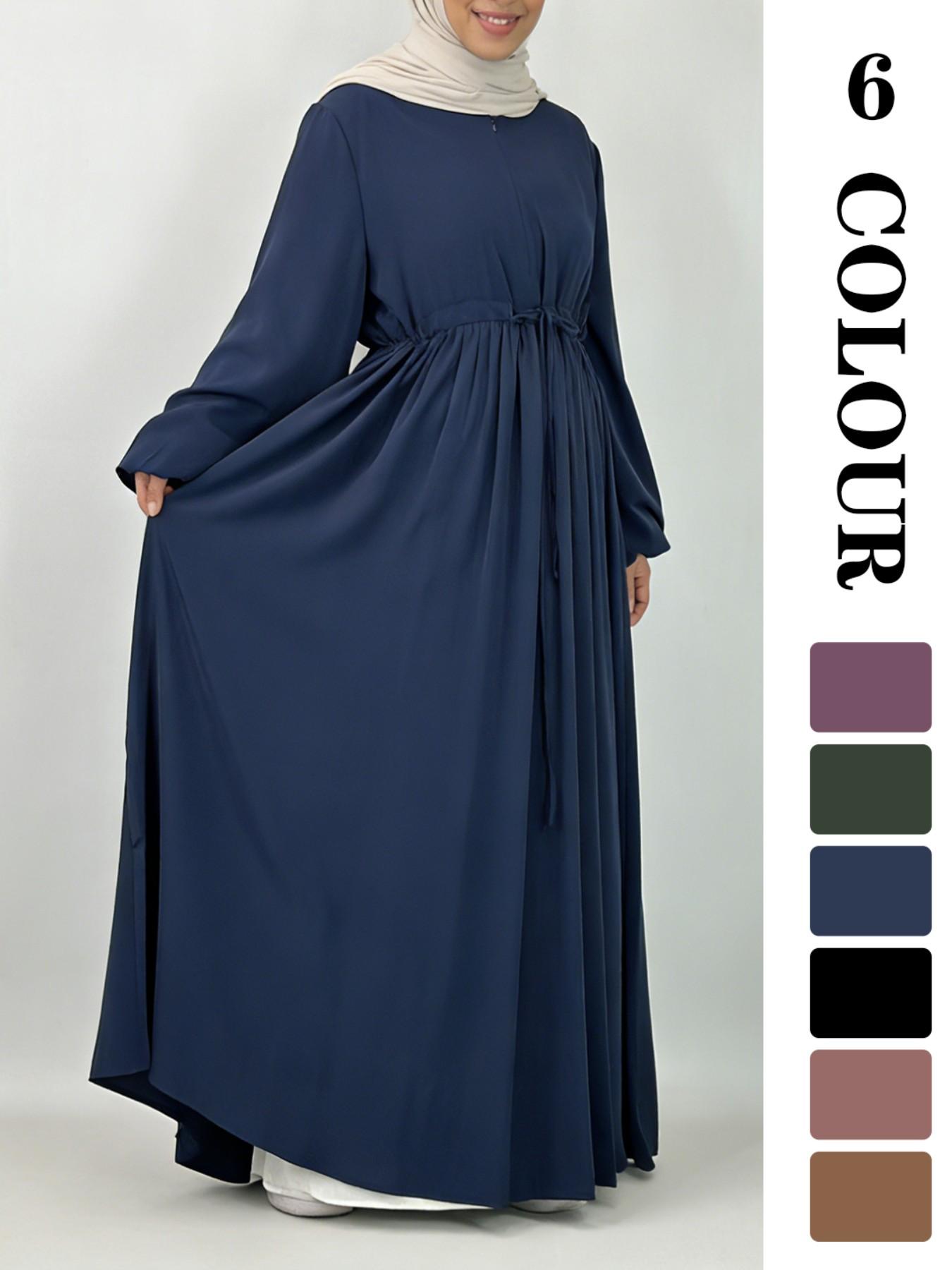 Women's Solid Color Belted Arabian Dress, Elegant Long Sleeve Round Neck Dress for Daily Wear, Ladies Islamic Clothing for All Seasons, Modest Abaya Dress