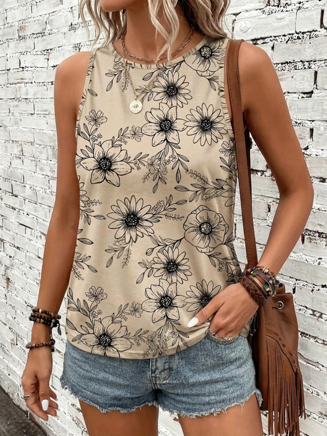 Summer Casual Round Neck New Print Sleeveless Top, Trendy Women's Fashion, Perfect for Daily Wear, Comfortable and Stylish