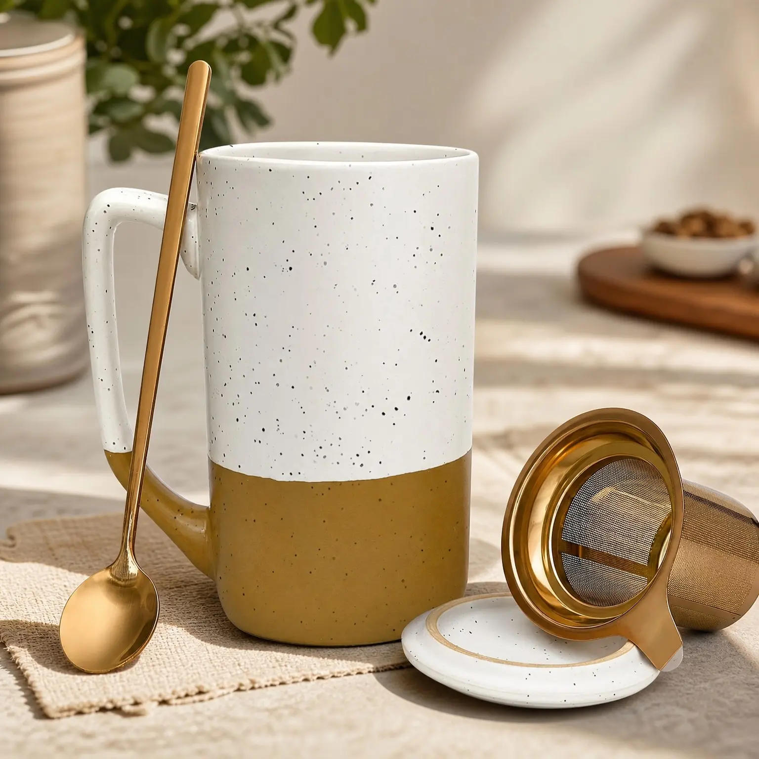 Large Ceramic Tea Cup with Loose Leaf Infuser, Spoon and Lid, 16 oz Tall Coffee Mug, Microwave and Dishwasher Safe, Rustic Matte Glaze, Tea Strainer, Amber