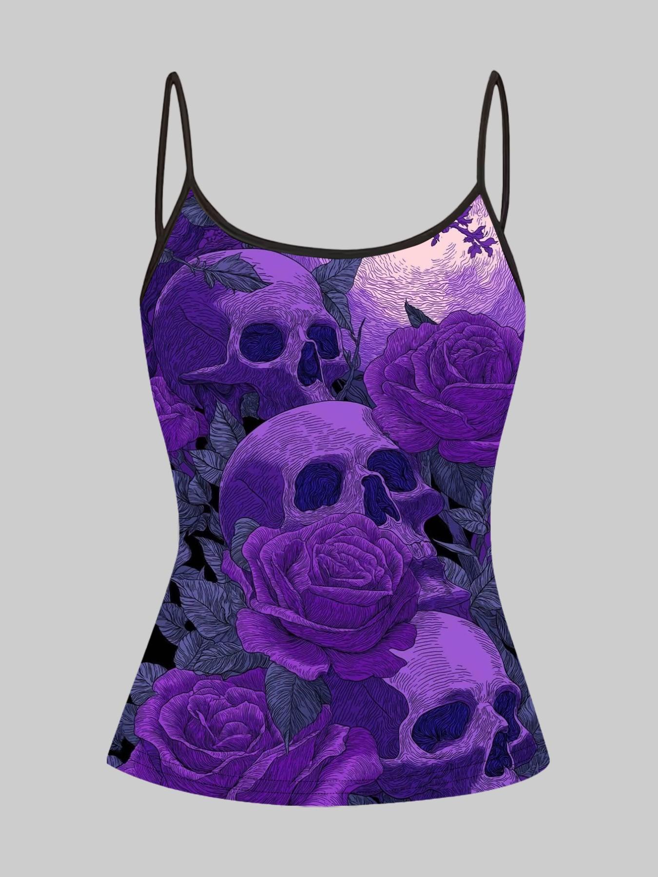 Gothic Skull Rose Print Strappy Top, Summer Home Sleepwear, Casual Slim-Fitting Outerwear, Unique Bodycon Shirt Set of Four