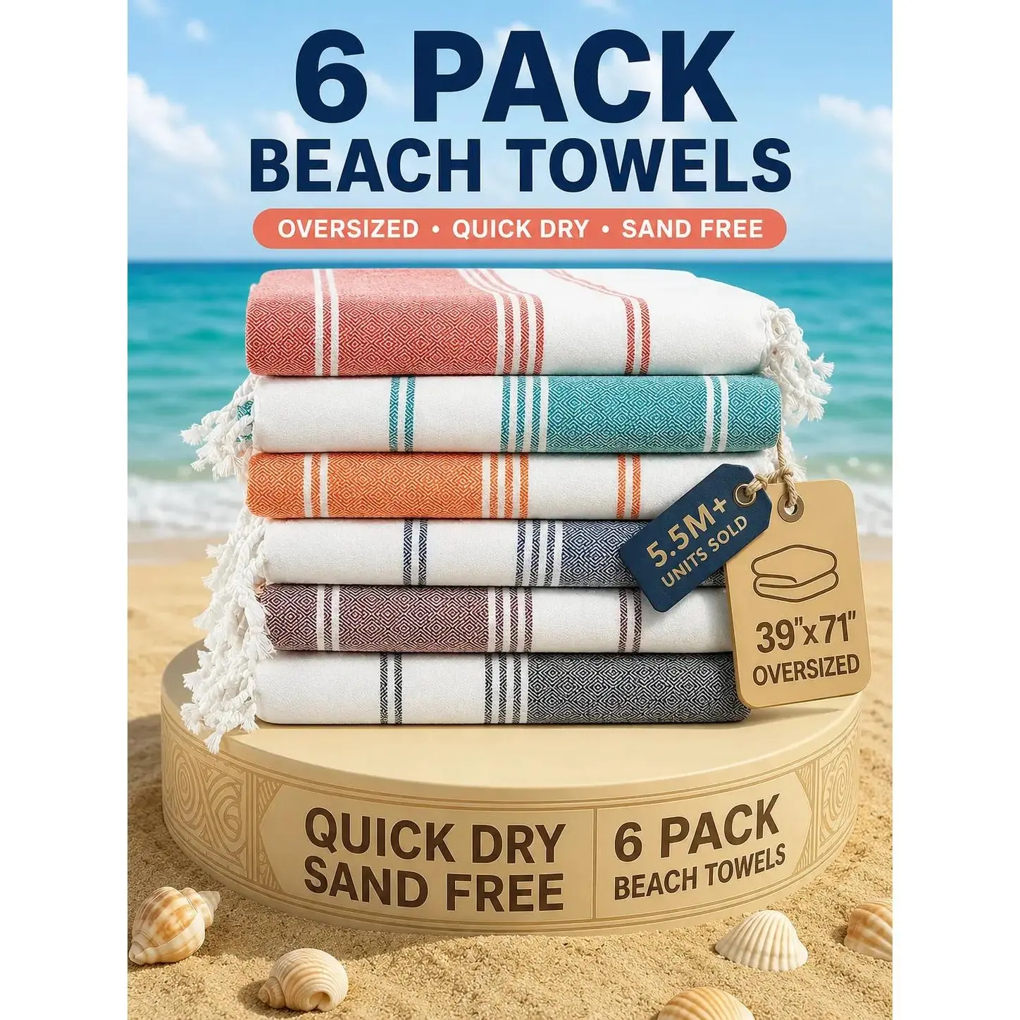 Lightweight Soft Modern Flat-Weave XL Beach Towel (39"x71") - 2026 Summer, Breathable, Quick Dry, Sand-Free, Pre-Washed, 70% Cotton, 40+ Designs, Multi-Pack Option, for Pool & Travel, Lightweight Soft Towel, Beach Necessities, Blend Beach Towel