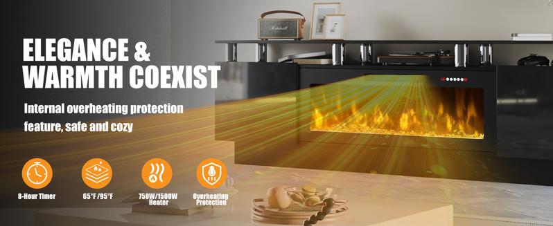 PUKAMI 70" Modern Fireplace TV Stand with 36" Electric Fireplace for TVs Up to 80 inch, Luxury LED Light Entertainment Center with High Gloss Cabinet, TV Consoles for Living Room