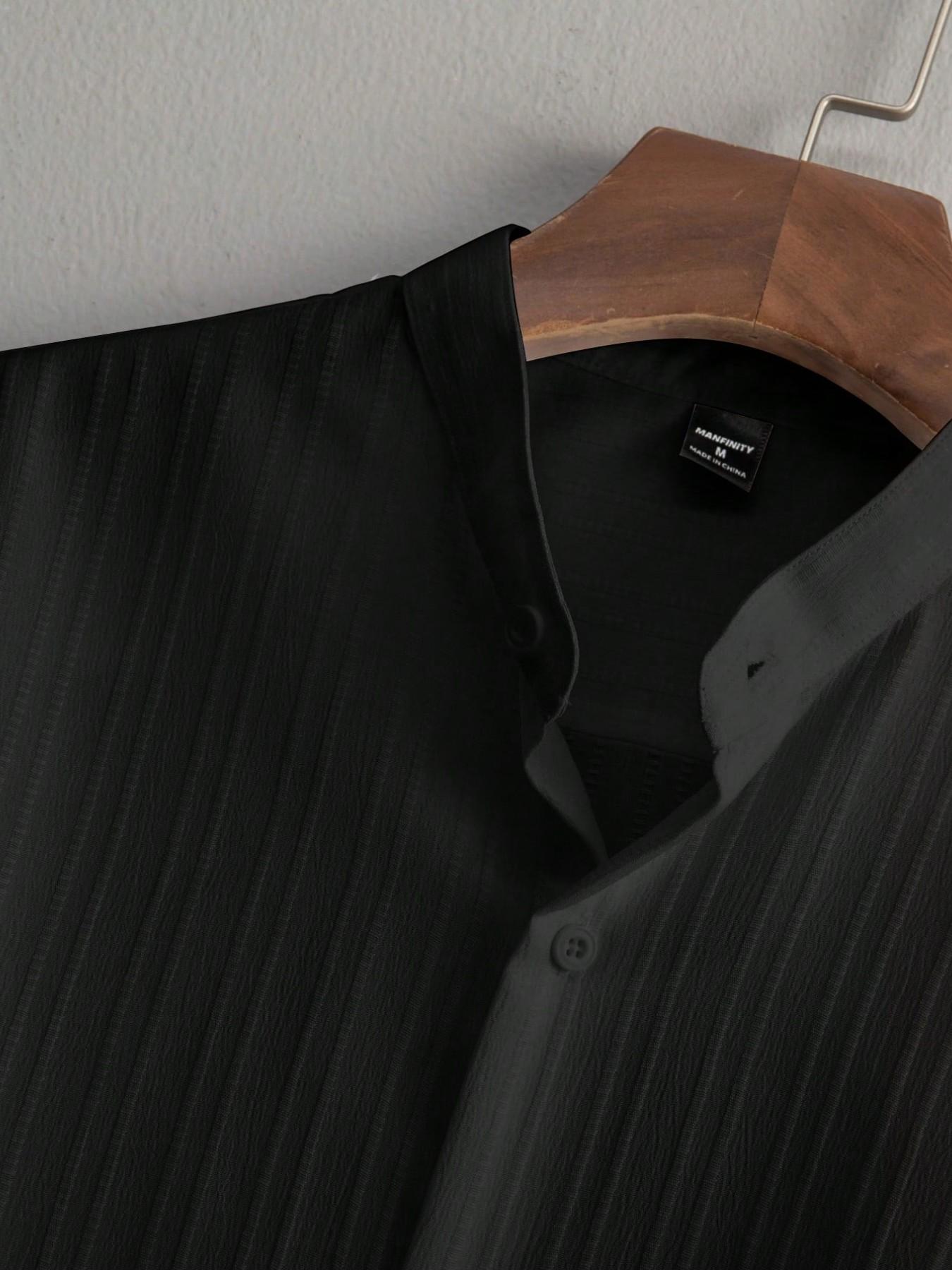 Men's Textured Stand Collar 2-Piece Outfit Set | Black/White/Grey Color Options | Short Sleeve Button Shirt + Drawstring Waist Shorts | Soft Breathable Fabric | Perfect for Summer Casual Outings, Streetwear & Smart Casual Style | Essential Set