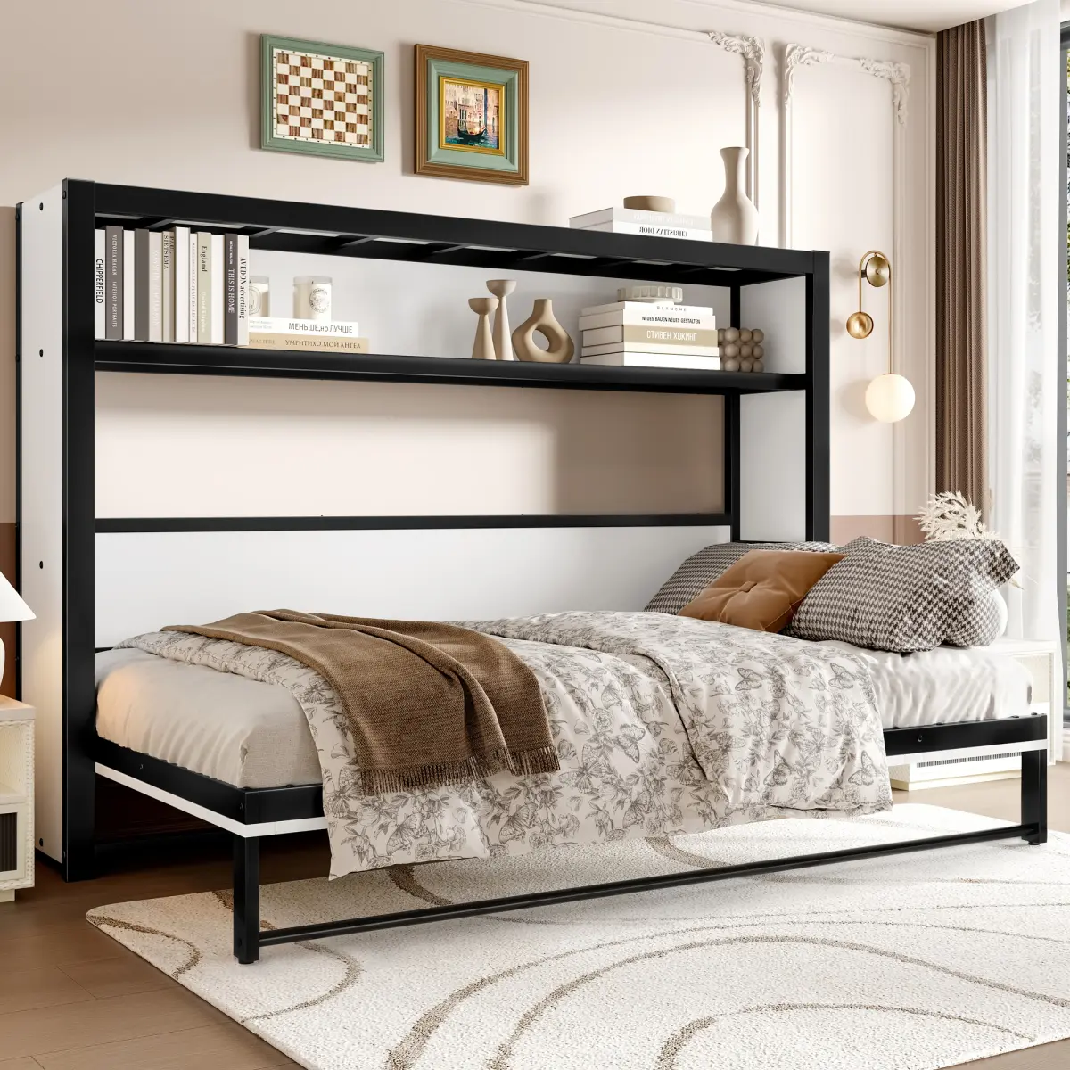 Twin Size Murphy Bed with Shelves, Metal Wall Bed with Foldable and Space-saving Design, White