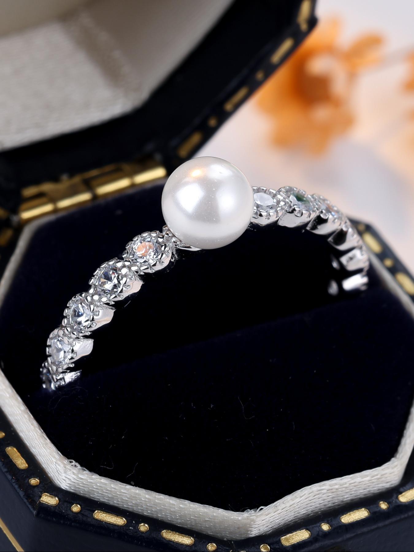 S925 Sterling Silver Ring synthetic pearl engagement ring, stackable promise ring for women & girls, minimalist style, anniversary and Valentine's Day gift