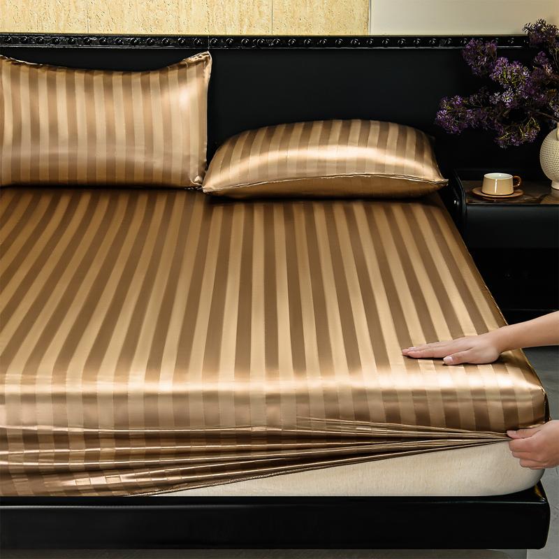 Luxury Striped Satin Fitted Sheet 3 Piece Set, Cooling Deep Pocket, Wrinkle & Fade Resistant, Hotel Style for Hot Sleepers