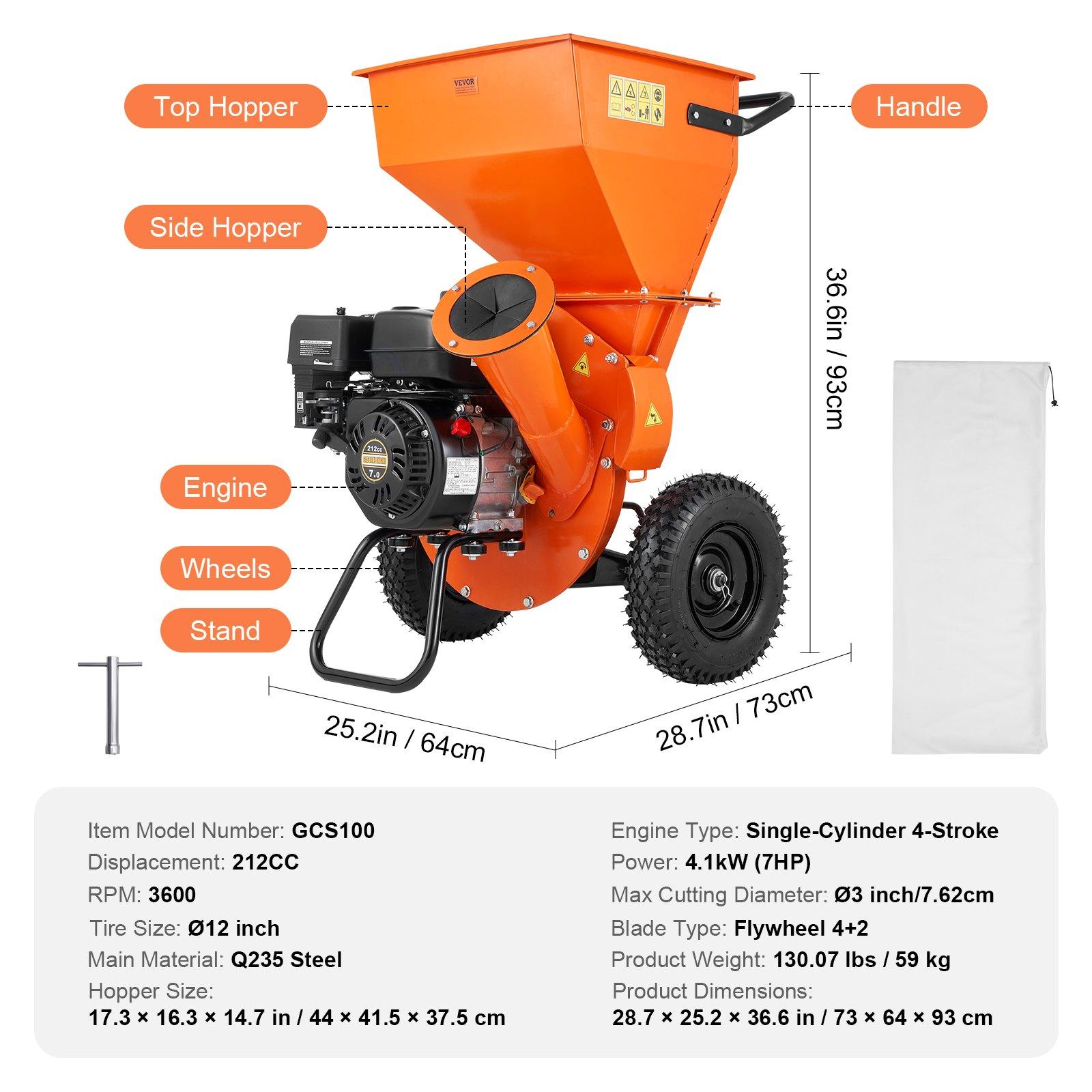 VEVOR Wood Chipper Shredder Mulcher, 7HP Heavy Duty Gas Powered Engine, 3 Max Diameter 212cc 4.1 kW, 4-Stroke 3-in-1 Woodchipper, Fast Chipping Chopping for Forestry, Gardens, EPA Certified