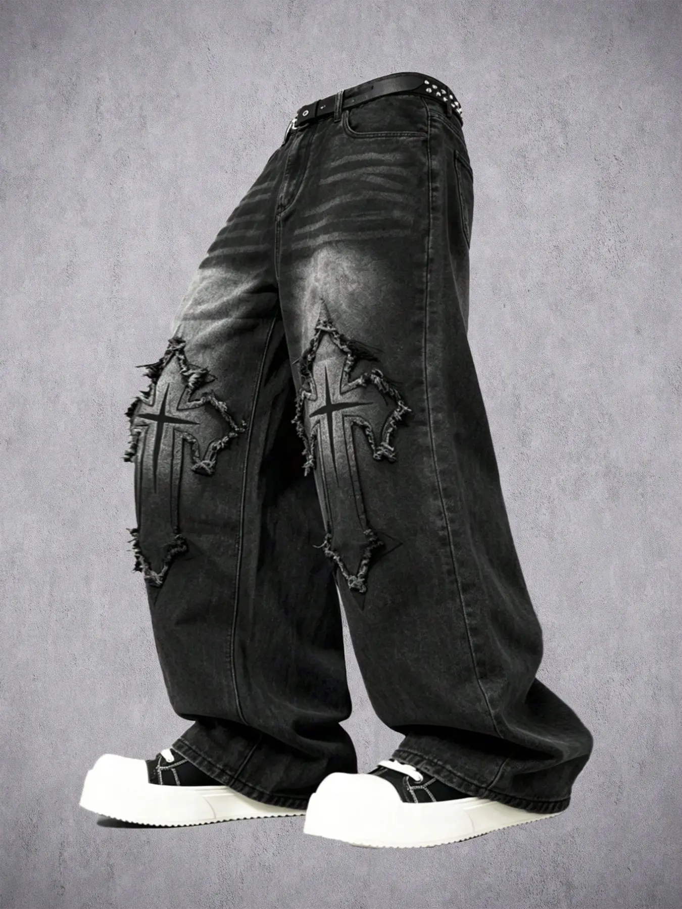 Y2K Millennium Dark Crosshole Wide Leg Jeans for Men, Distressed Frayed Patch Loose Baggy Fashion Casual Pants
