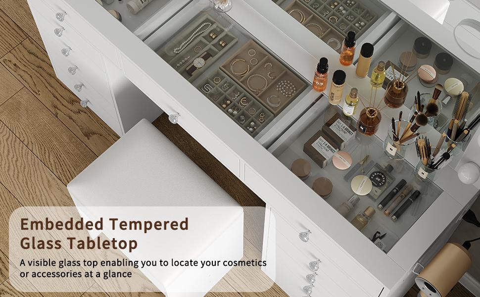 FUSOU 55"W 13 Drawers Vanity Desk, Makeup Vanity with Power Outlet, Vanity Table with Mirror and 13 LED Bulbs, 3 Color Lighting Modes, Glass Top, Dressing Table for Bedroom