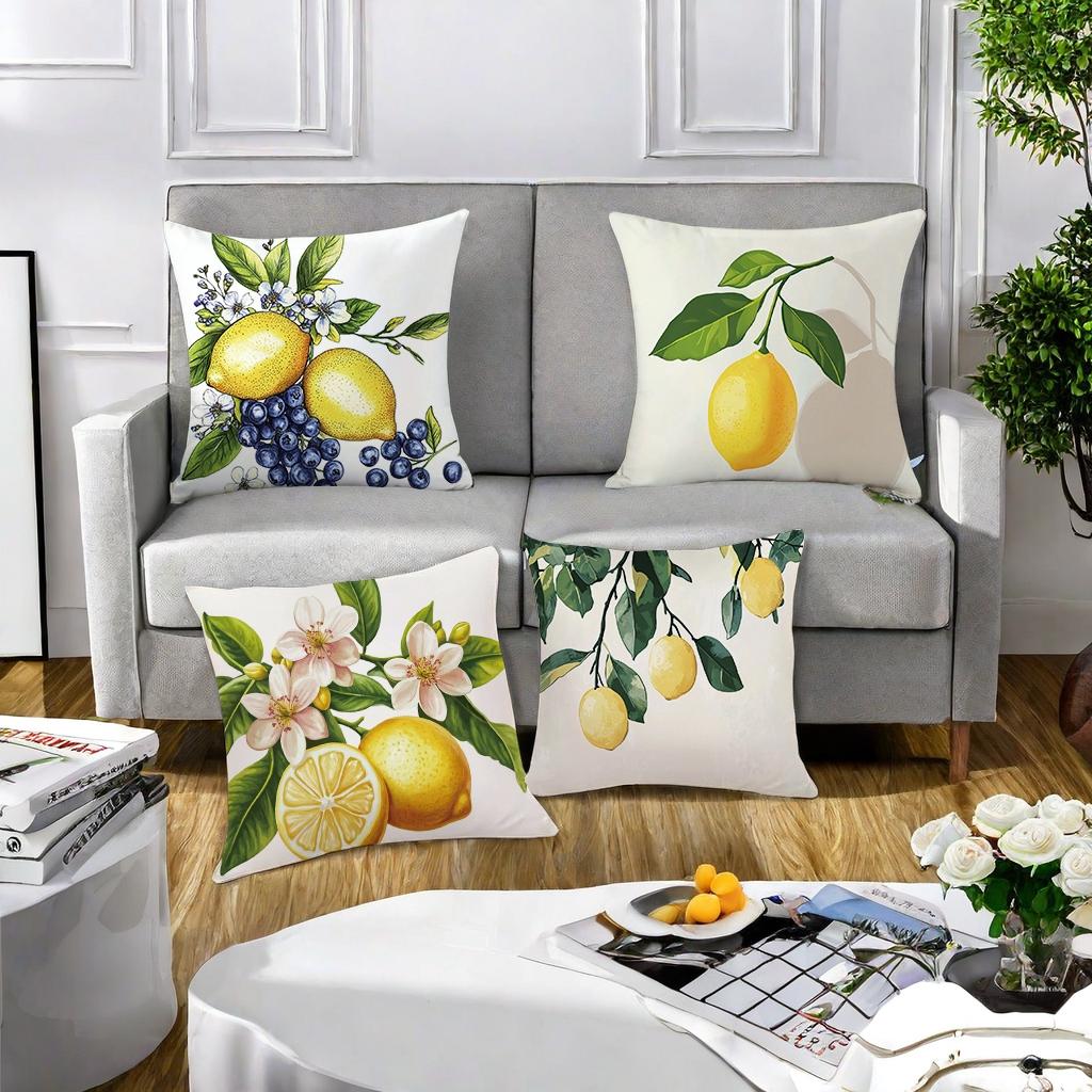 Lemon Pattern Cushion Cover, 4 Counts/set Square Throw Pillow Cover without Filler, Household Decoration Supplies for Home Living Room Bedroom