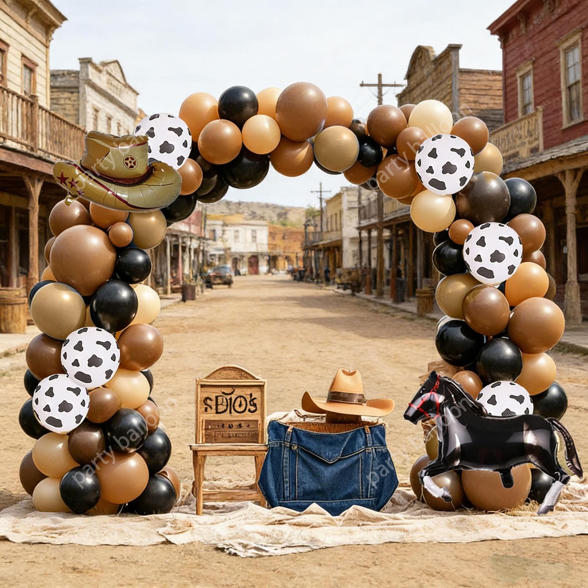 Western Cowboy Farm Theme Balloon Arch Set, 142 Pieces, Latex Balloons, Cow Hat, Horse Balloons, Party Decorations