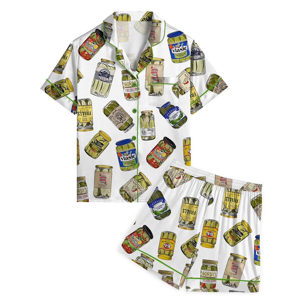 Vintage Canned Pickles Satin Pajama Set For Women Print Comfy Satin Sleepwear & Loungewear Pjs Short Sleeve Top & Bottoms Shorts Without Pockets - SHESHOW