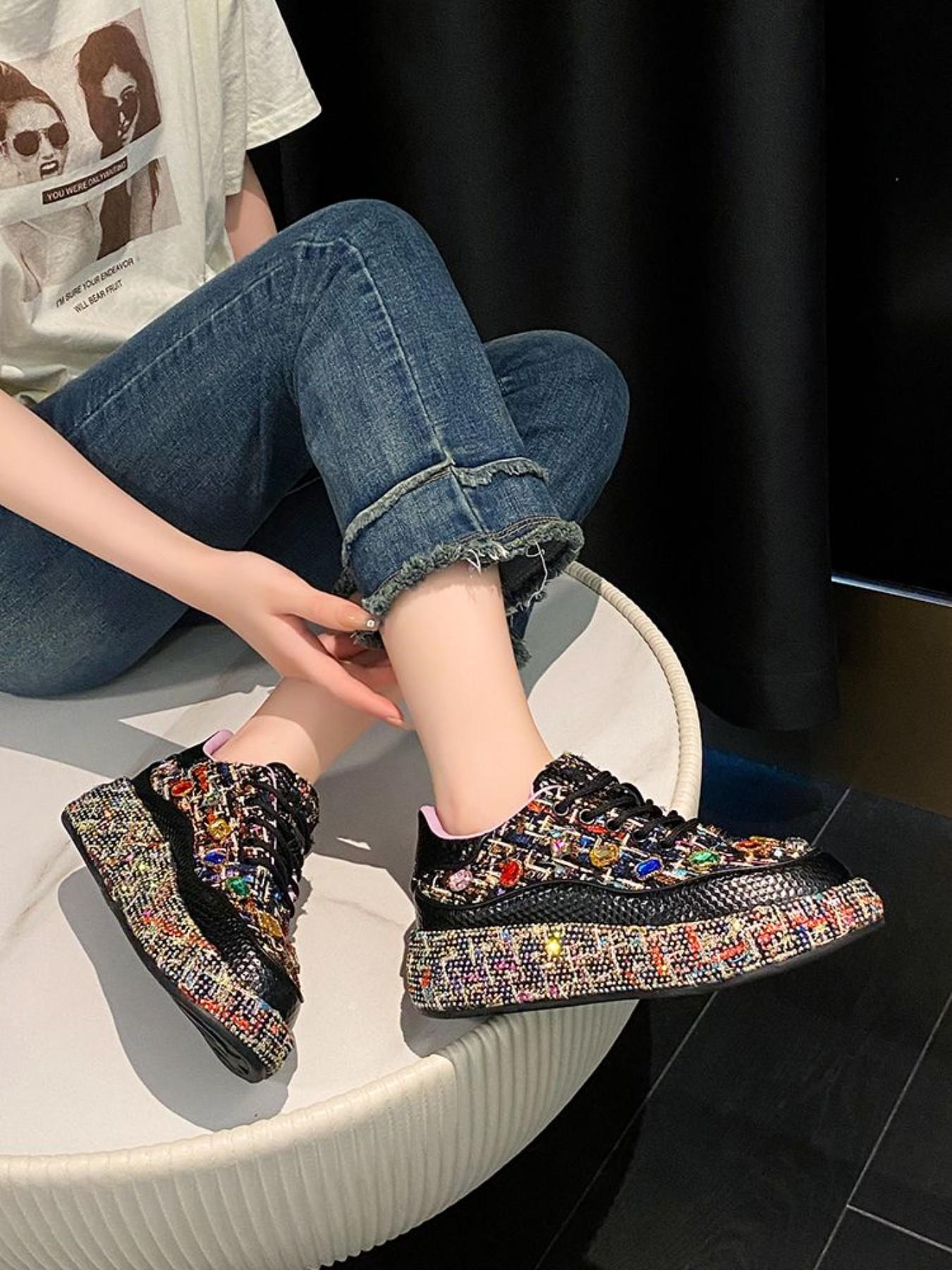 Full Diamond Thick Sole Sport Casual Shoes, Unique Design Handmade Embellished Luxury Thong Dad Sneakers, Party Banquet Multi-Scene Cool Women's Shoes