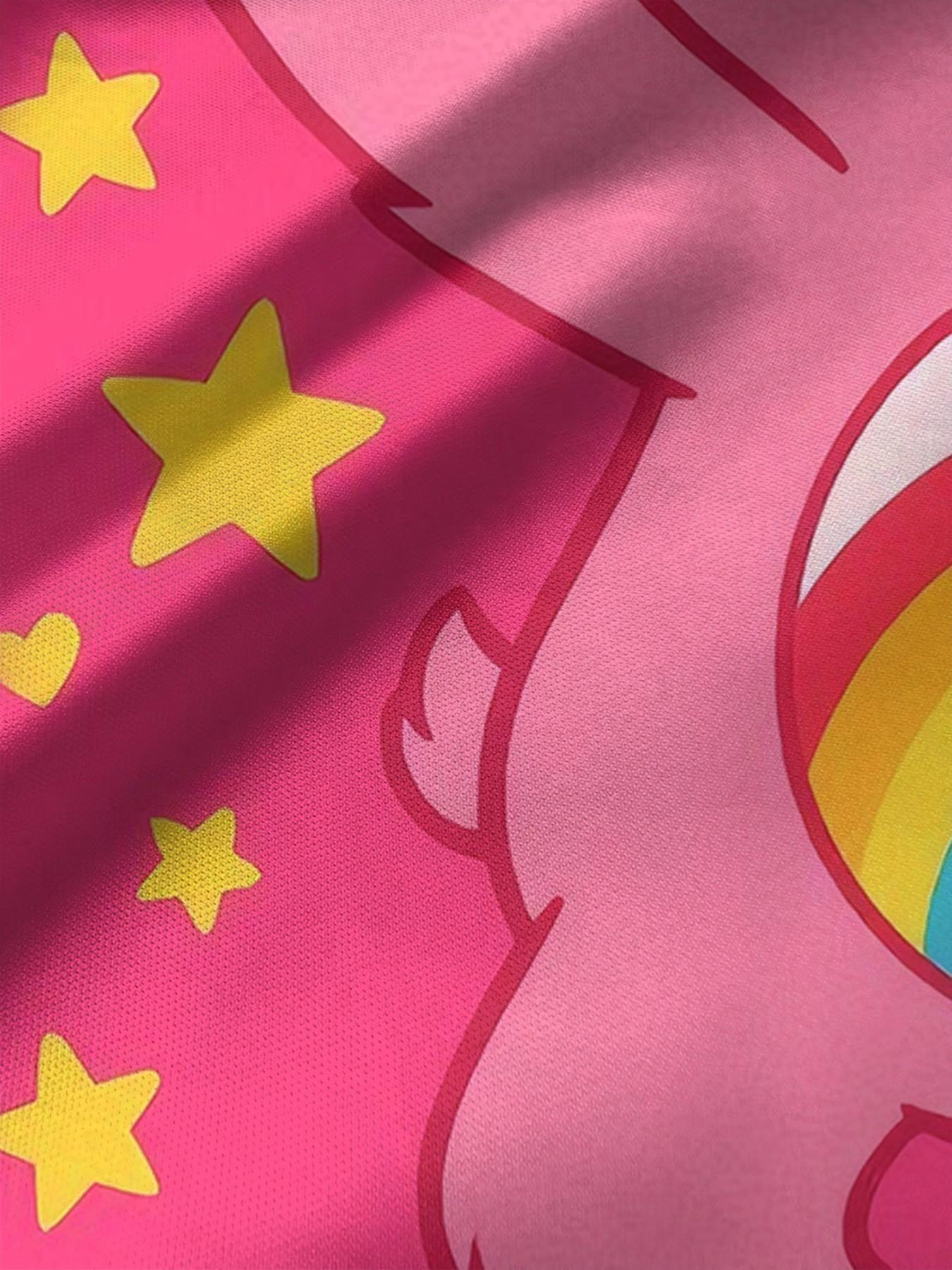 Girls' Heart Bear Cheer Bear Rainbow A-Line Dress, Cute Cartoon Short Sleeve Dress, Fashion Outdoor Wear, Birthday Gift, Holiday Gift