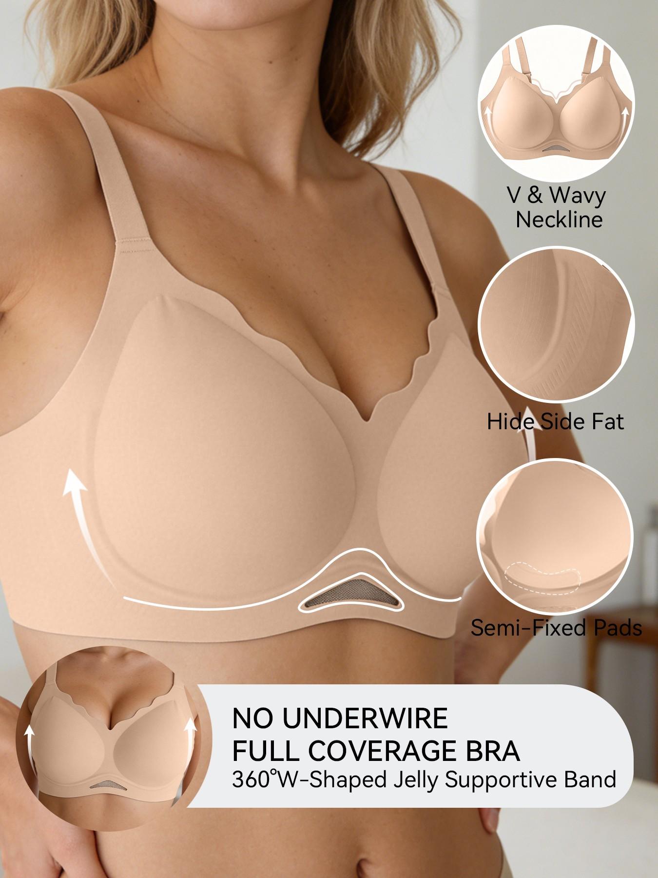 Women's Push-Up Jelly Bra, V-Neck Wave Edge Wireless Natural Lifted Bralette, Seamless Comfortable Invisible T-Shirt Lingerie, Sexy Breathable Mesh Bottom, Summer Essential, Casual All Day Comfort Bra For Home And Work And Sleep, Mother's Day Gift