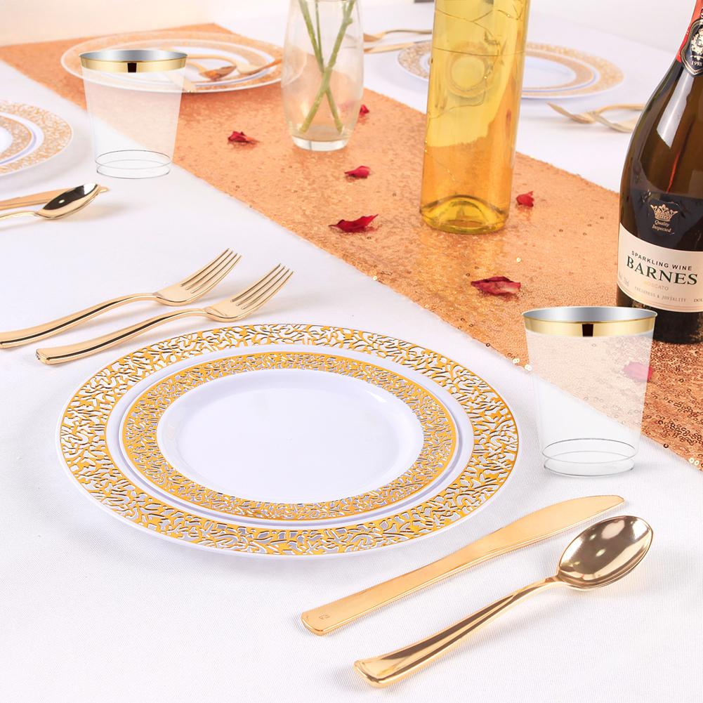 Clear/Gold/Silver/Rose Disposable Plates and Silverware Set: Dinner Plates,Dessert Plates, Cups, Knife, forks, spoons-Perfect for Party