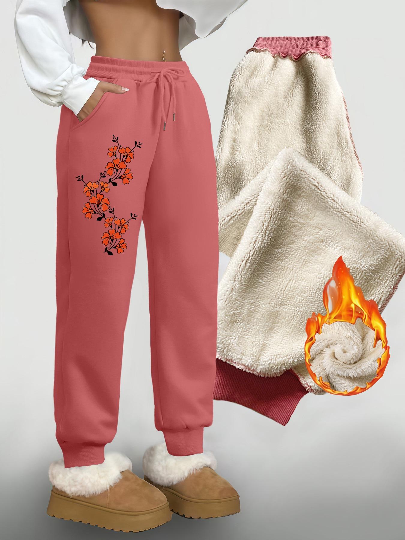 Women's Fleece Lined Long Pants, Floral Print, Drawstring Waist, Pockets, Casual Fall & Winter Wear, Warm Lamb Velvet Trousers