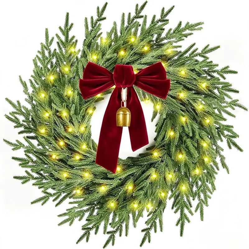 1 Pre-lit Christmas Wreath (26-inch) – Artificial Pine Needle Wreath with Lights, Bow, and Bells; Festive Holiday Decor for Front Doors, Interiors, Walls, and Windows