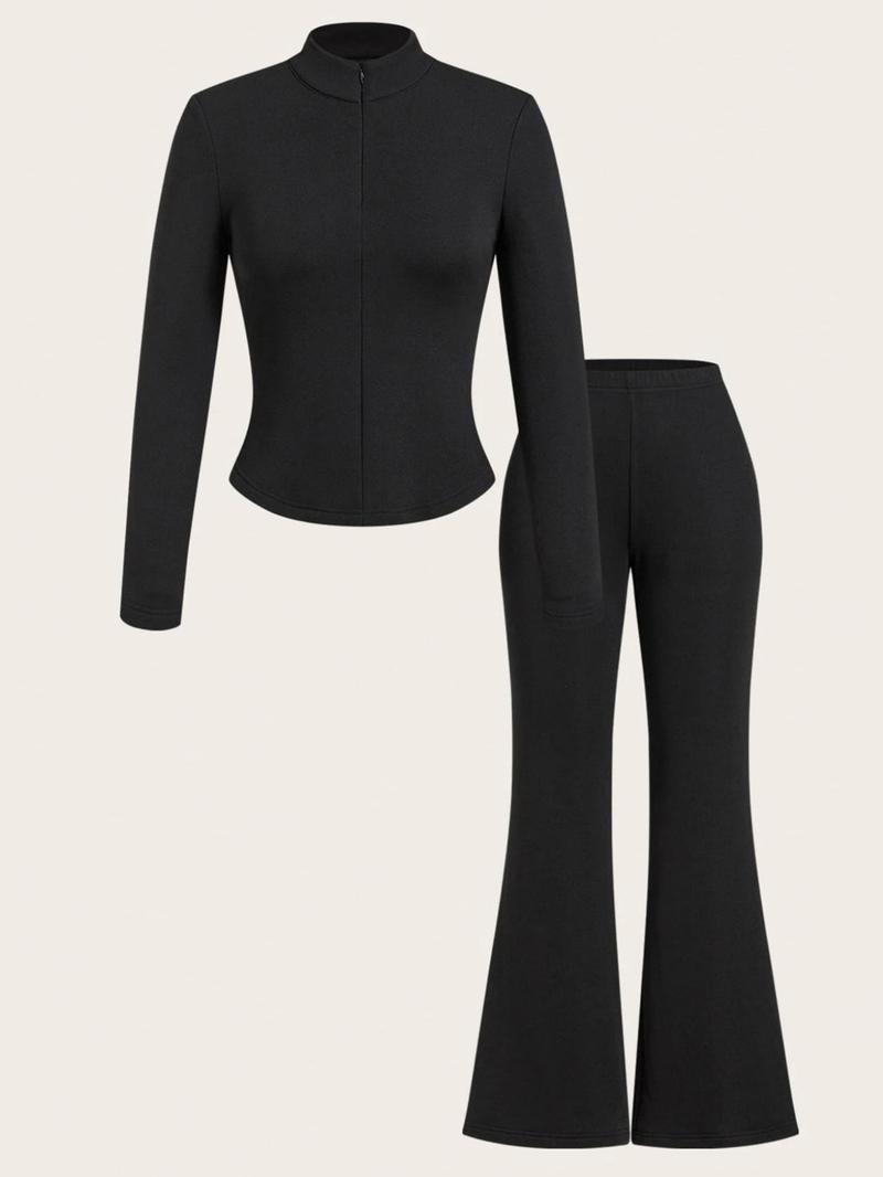 Women's Fall Winter Streetwear Casual Sporty Basic Knit Fleece Pullover High Neck Long Sleeve T-Shirt and Bell Bottoms Two-Piece Set