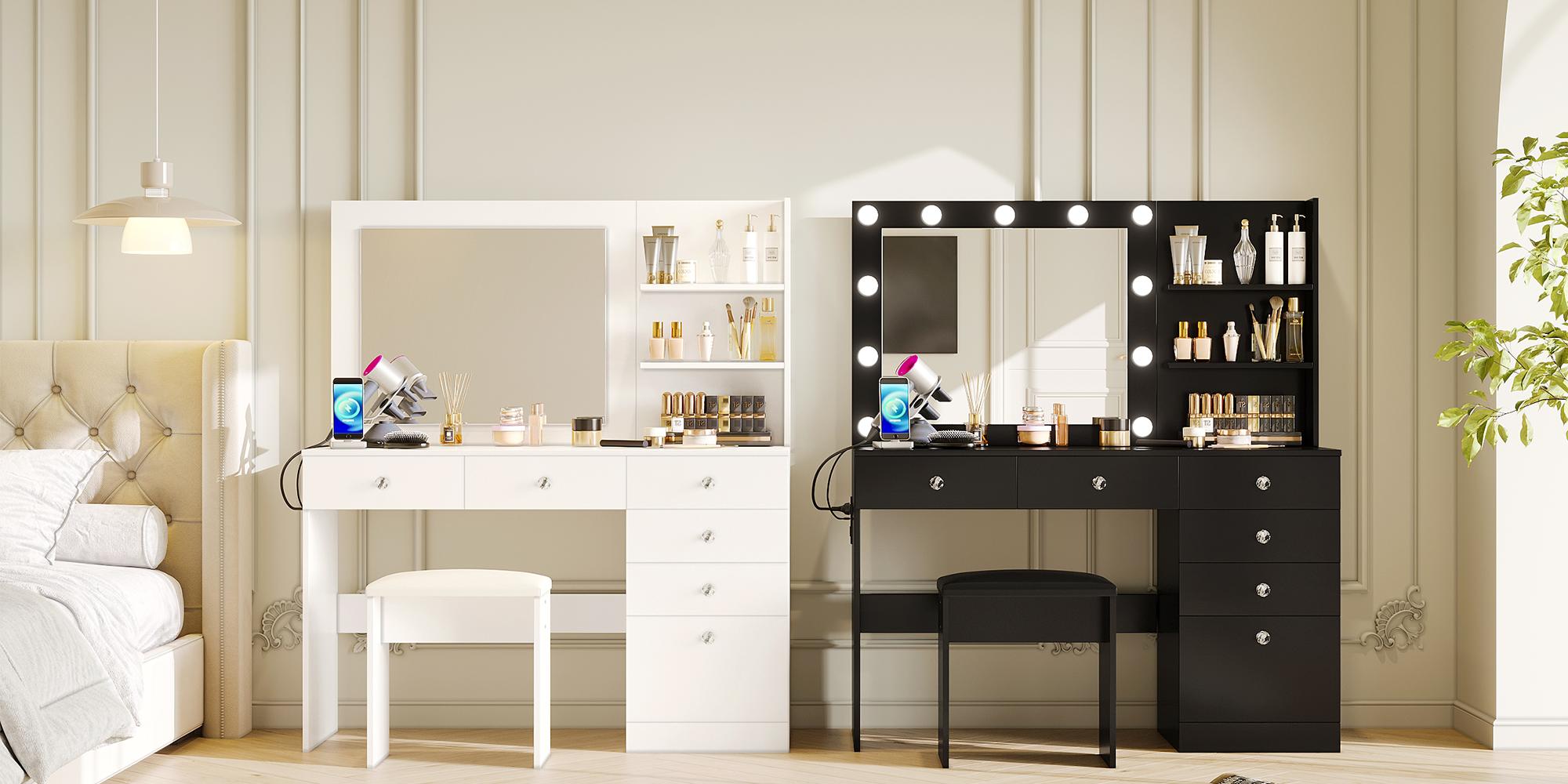 VOWNER 47" Makeup Vanity Desk with Power Outlet, Storage Shelves and 6 Drawers, Makeup Desk with Stool for Women Girls