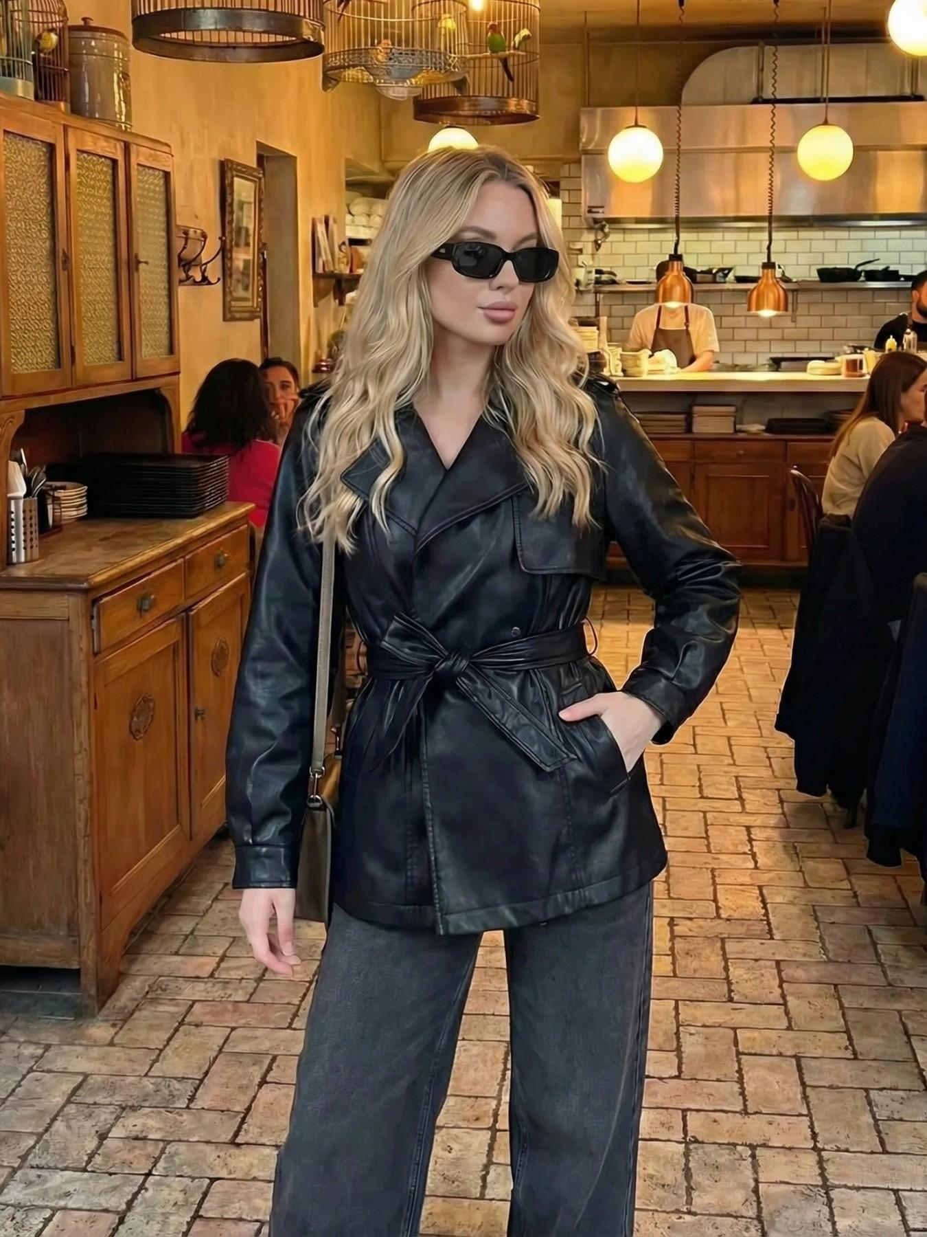 Elegant Belted Waist Long Sleeve Leather Jacket for Women, Fall Winter Loose Fit Casual Double-Breasted Windbreaker, Trendy Outerwear