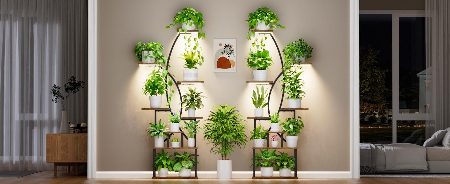 2 Pcs Plant Stand Indoor with Grow Lights - 8 Tiered Tall Plant Shelf, 65" Metal Shelves for Plants Multiple, Large Curved Half-Moon Flower Holder Stand Display Rack