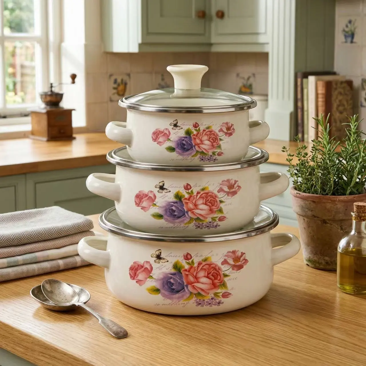 Multifunctional Enamel Cookware Set, 3-Piece Kitchen Utensils with Glass Lids, Mini Soup Pot, Serving Bowl, Ideal for Home & Restaurant Use
