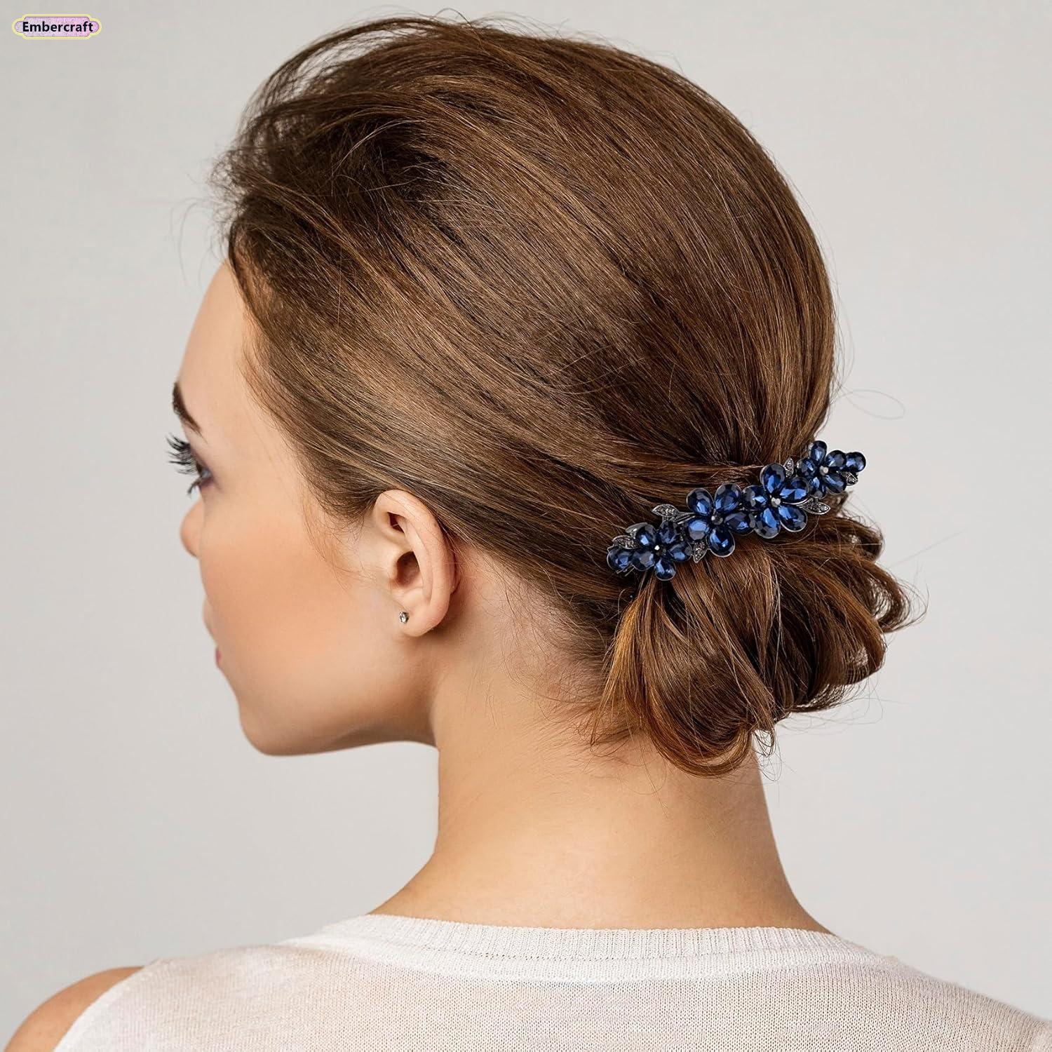 Women's Rhinestone Blue Flower Hairpin - Sparkling Crystal Long