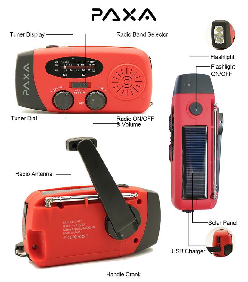 PAXA Compact Solar Powered Hand Crank Emergency Radio, Chargeable Power Bank Weather Radio with Flashlight for Charging Phones, Portable Charger Radio with LED Lights