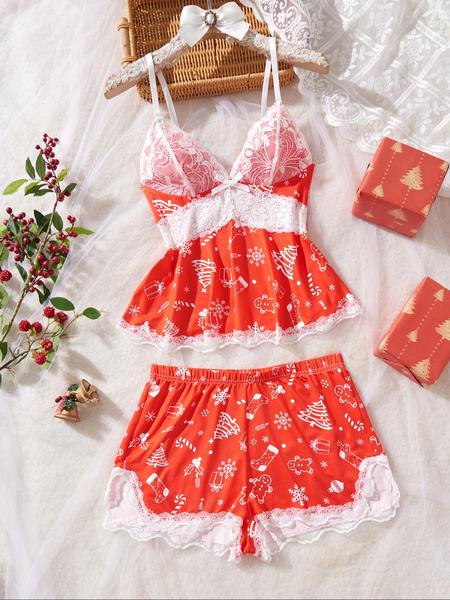 Women's Christmas Pajama Set, Fitted Nightwear Suit with Vest, Casual Style for All Seasons, Perfect Birthday Gift Idea