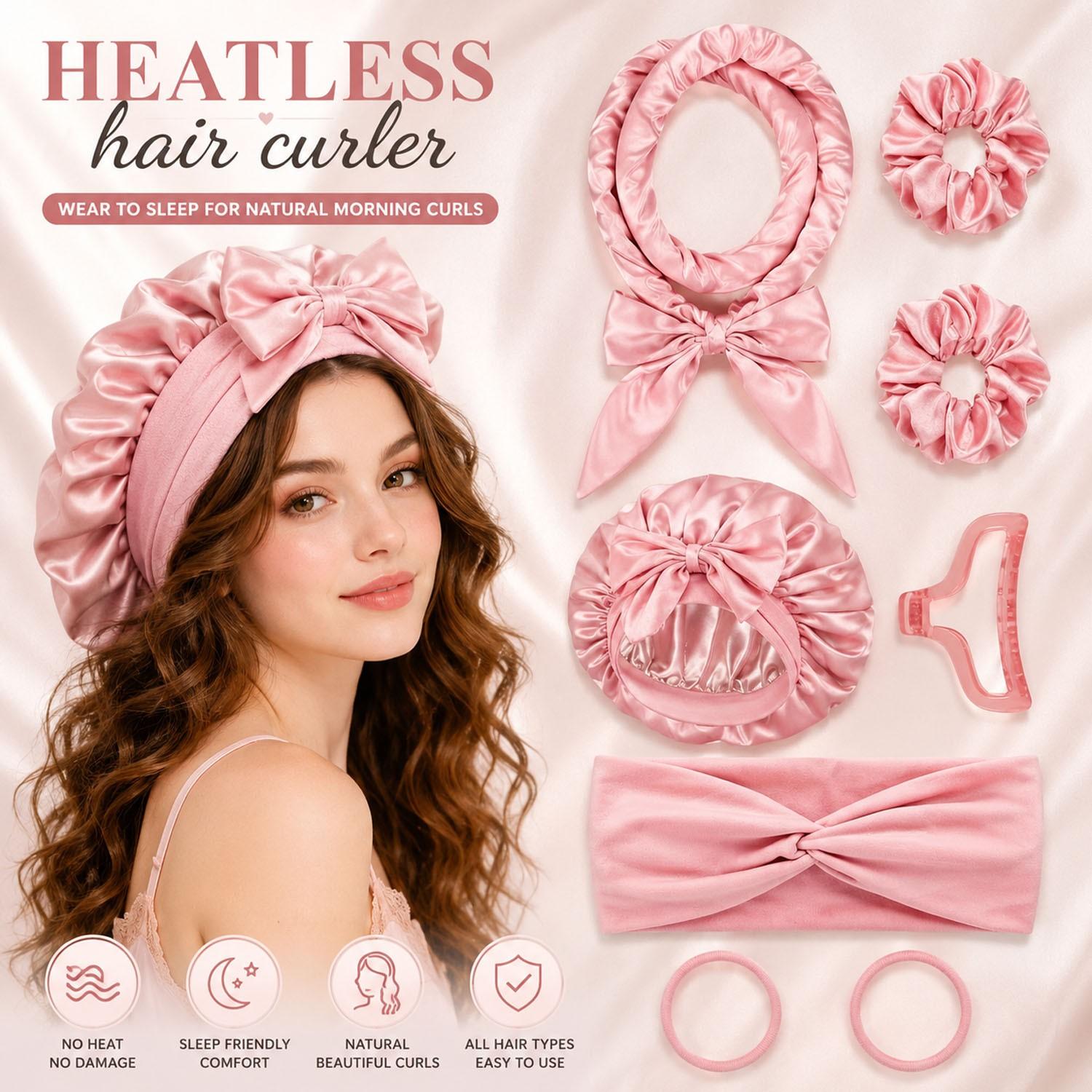 8Pcs Satin Heatless Curling Set, Luxury Overnight No-Heat Hair Curler Kit Heatless Hair Curlers with Satin Bonnet, Curling Headband, Scrunchies, Hair Clip & Hair Ties, Wake Up with Salon-Like Soft Curls, Smooth Waves & Frizz-Free Hair