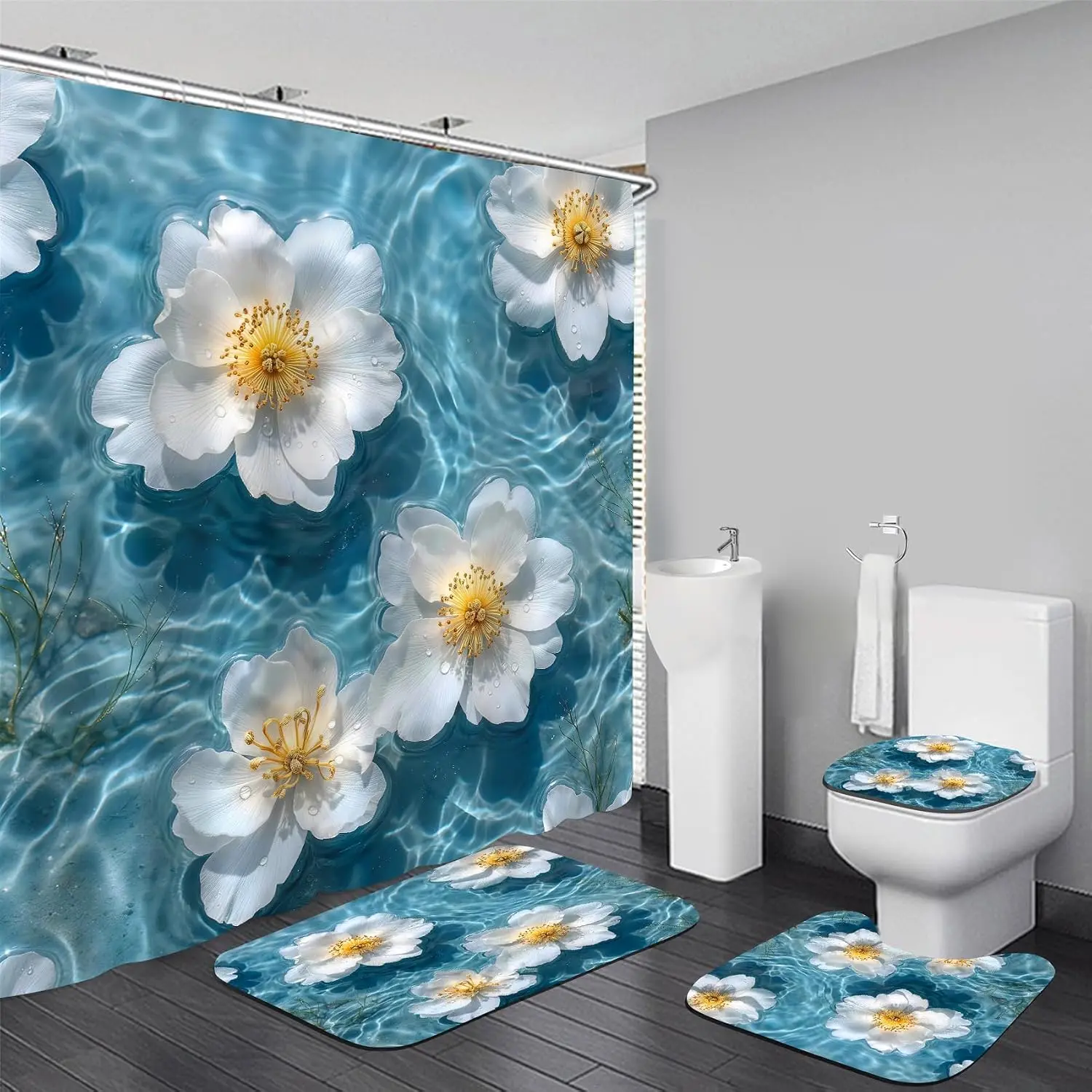 4PCS Polyester Blue Flower Shower Curtain Set with Cover - Waterproof Bathroom Decor, Ocean Water Wave Design, Bath Mat, and Toilet Rug