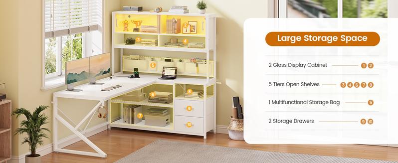 SEDETA LED L-Shaped Gaming Desk with Storage for Home Office Game Table with LED Lights, Glass Cabinet Furniture Shelves Modern Organizer，Large Computer Gaming PC Desk, Writing Table Study Desk for Bedroom, Study, Office