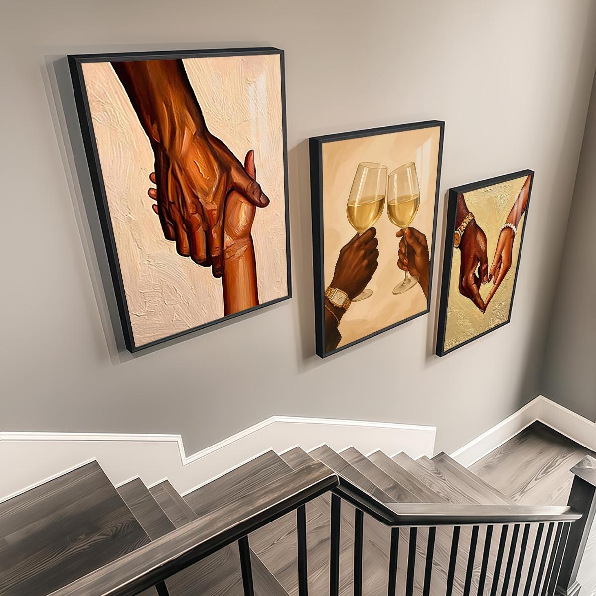 3 Counts Aluminum Alloy Framed Painting, Romantic Couple Hands And Wine Glass Canvas Art, Home Decoration For Living Room, Bedroom, Office, Restaurant, Hallway Wall Decor, Odorless Print Artwork, Luxury Perfect Gift For Friends And Family