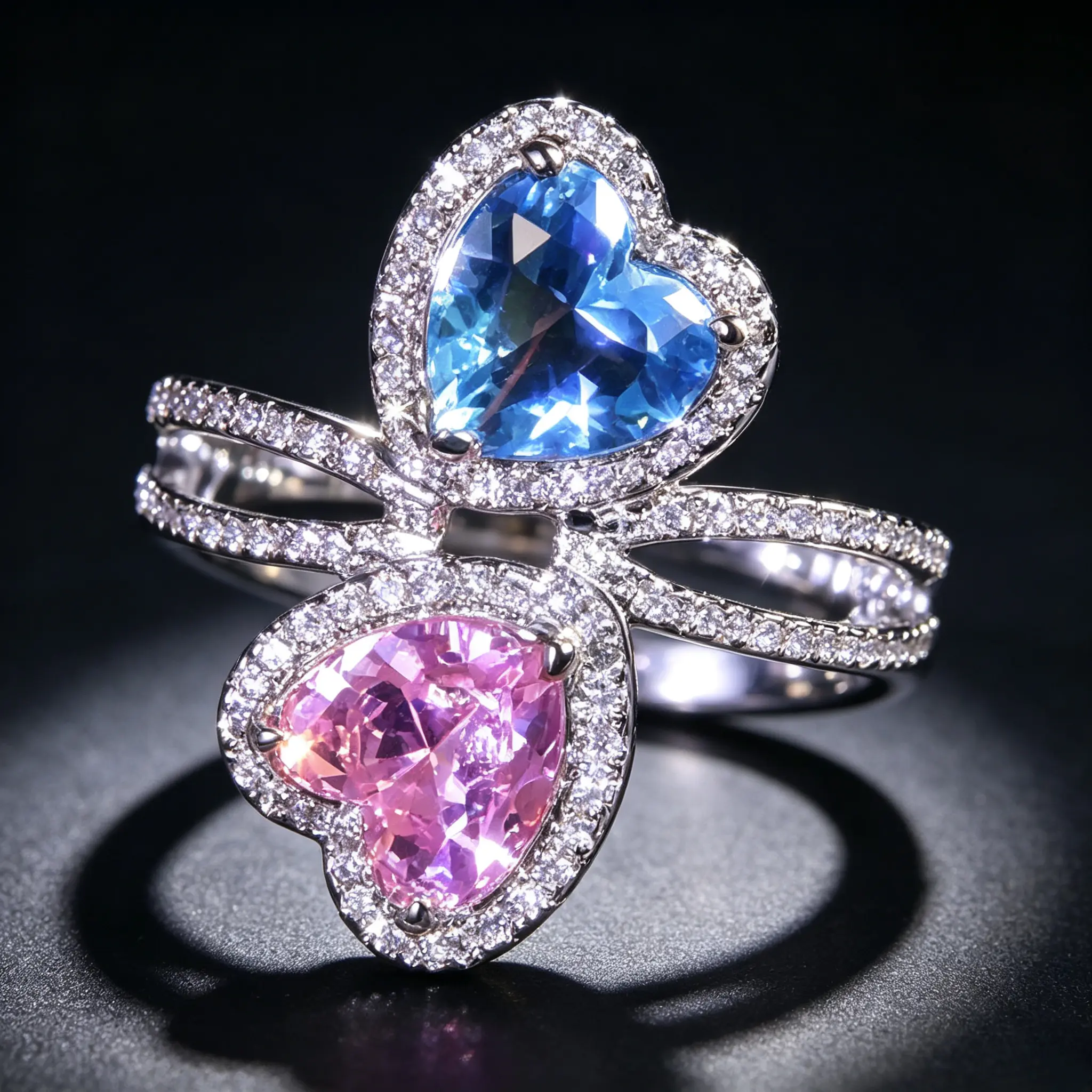 Blue and Pink Double Heart Ring with Synthetic Zirconia & Birthstone High-Quality Jewelry for Bridal Engagement Promises Wedding Anniversaries