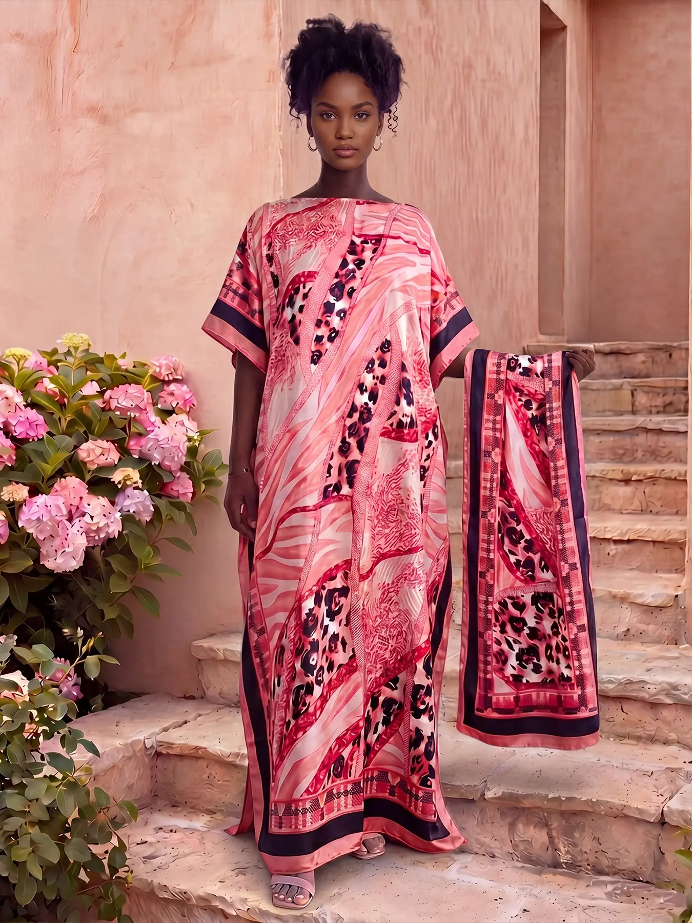 Women's Boho Kaftan Set, Silk-Printed Moo Moo Robe, Shawl Dress, Sun Protection Beachwear, Long Scarf, Summer