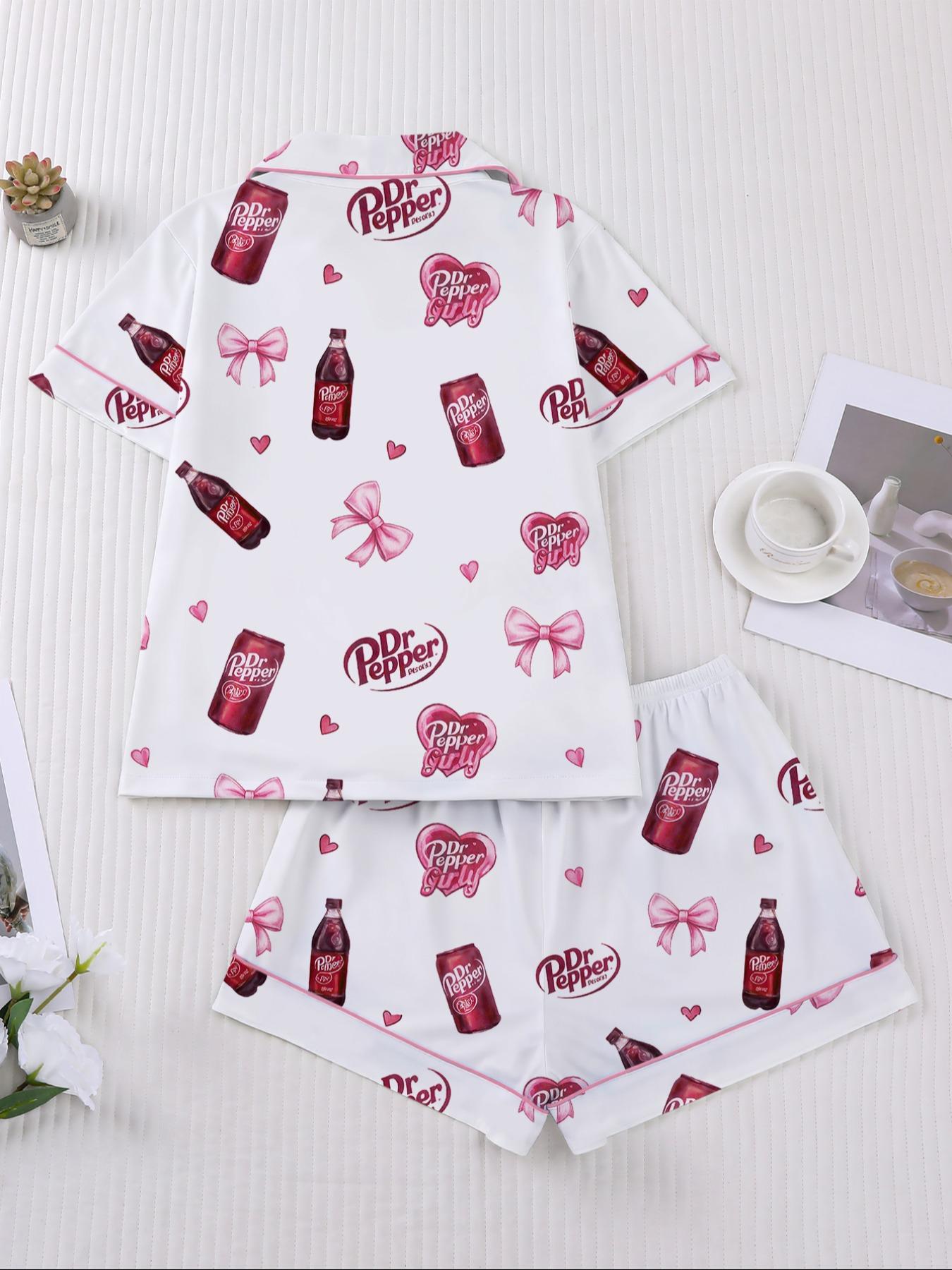 Women's Heart Bow Print Sleepwear Set, Short Sleeve Button-Up Top & Elastic Shorts, Casual Homewear for Party
