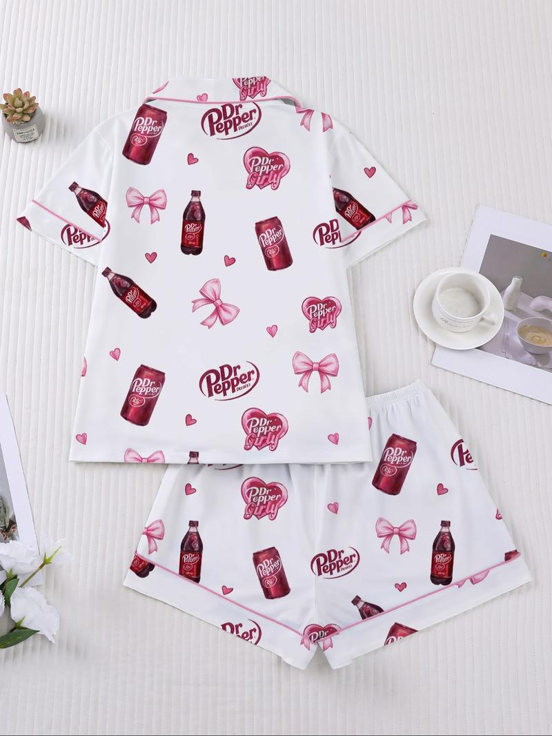 Women's Heart Bow Print Sleepwear Set, Short Sleeve Button-Up Top & Elastic Shorts, Casual Home Wear, Party