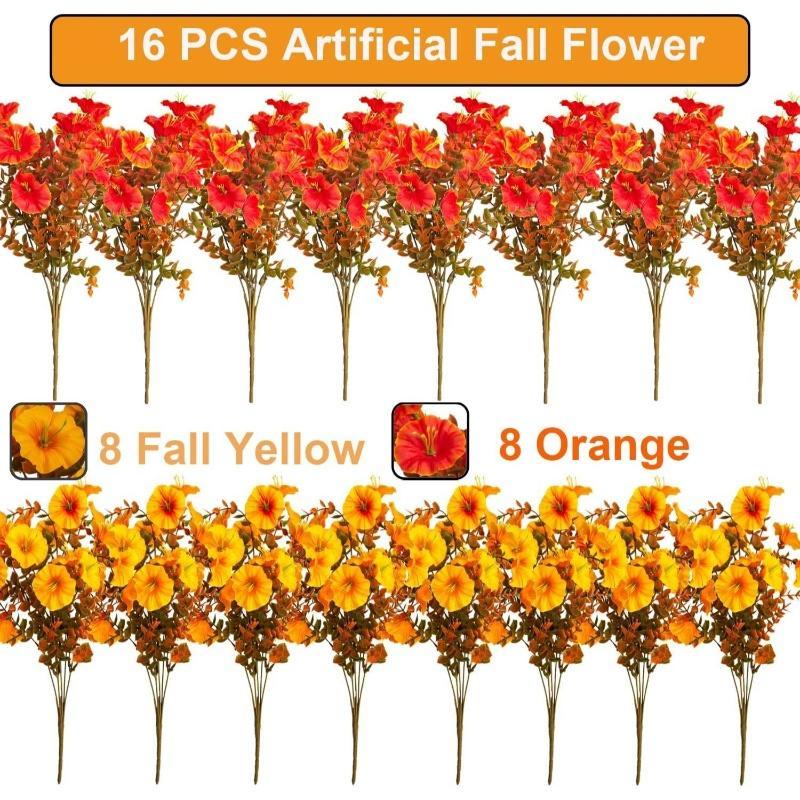 【New Fall Styles, Affordable Prices】6/12/18/24-Piece Outdoor Synthetic Artificial Flower Arrangement - Waterproof, Universal, Realistic Faux Plants with Orange,Yellow,Red,Brown Leaves for Patio,Porch,Front Door