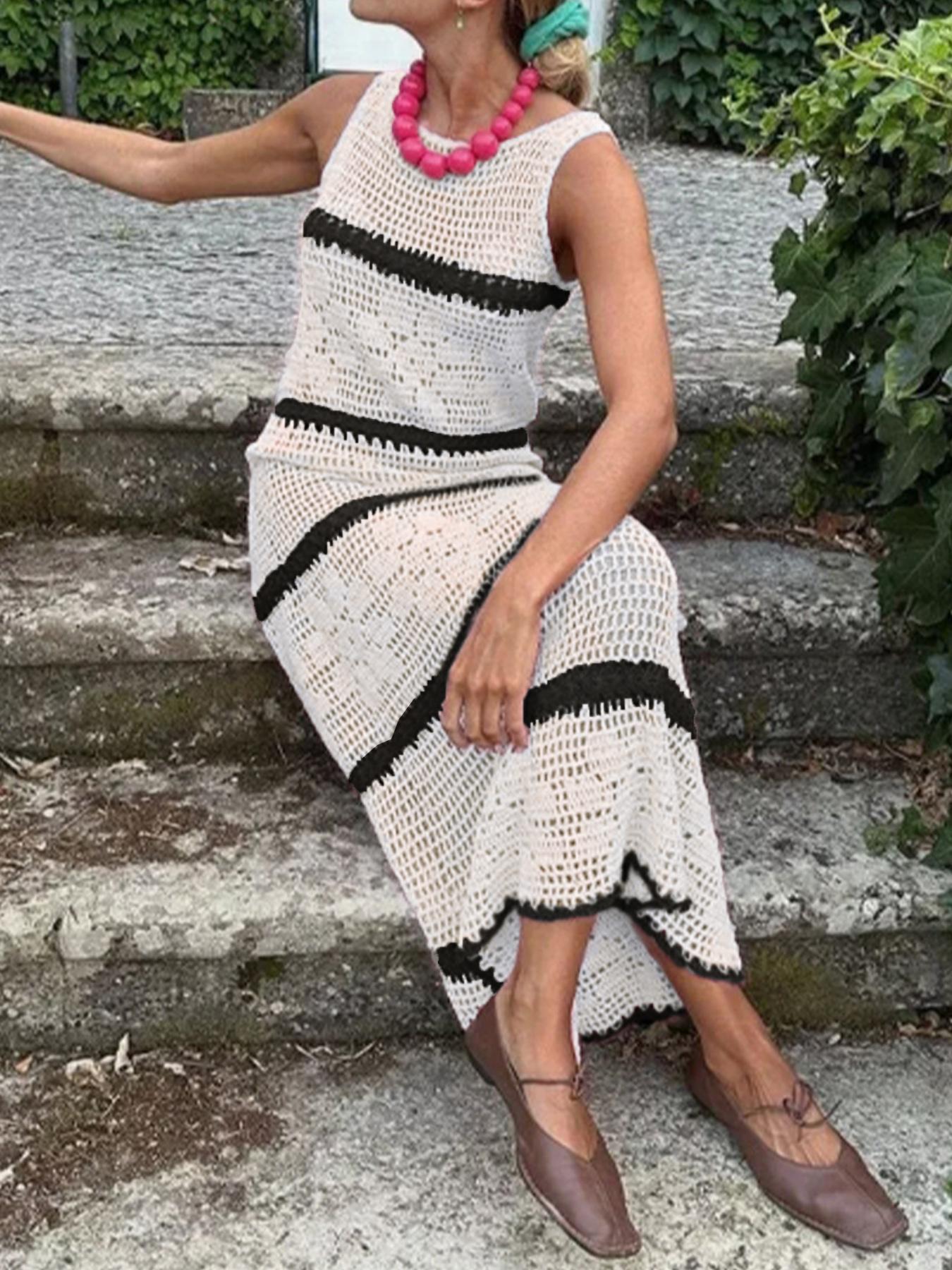 Women's Colorblock Crochet Sweater Dress, Casual Sleeveless Fitted Knitwear for Summer, Fashion Women's Clothing for Daily Wear, Womenswear, Piece Women's Colorblock Crochet Sweater Dress, Casual Sleeveless Fitted Knitwear for Summer, Fashion Women's Clothing for Daily Wear, Womenswear, Piece