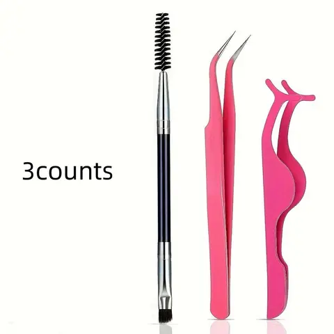 3pcs Set Curved Nib Eyelash Tweezers Kit - Eyelash Curlers with Extendable and Adjustable Curler, Soft Bristle Brush for Lash Definition and Separation - Easy to Use, Travel-Friendly, and Compact Design Eyelash Tools Makeup Accessories