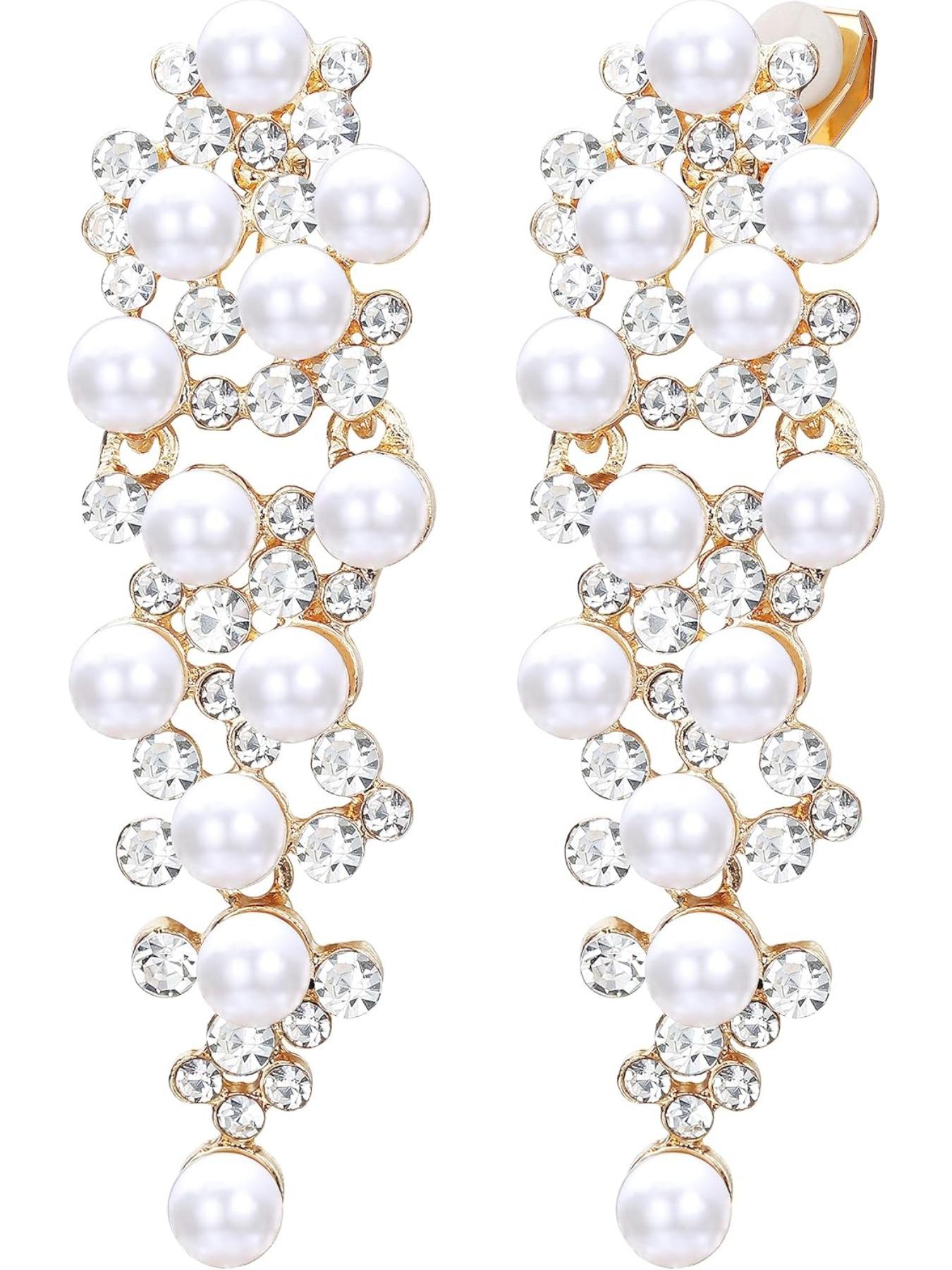 Vintage Pearl Drop Earrings for Women, Elegant Bridal Wedding Earrings with Cubic Zirconia, Luxury Dangle Earrings for Prom Party, Fashion Jewelry Gift for Bridesmaid