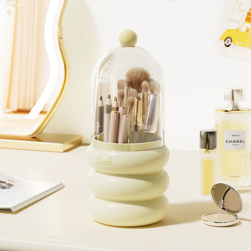 360° Rotating Makeup Organizer with Clear Dustproof Lid – Rabbit Ear Design, Multi-Layer Storage for Brushes, Lipsticks, and Skincare, Polished Finish, Countertop Vanity Organizer